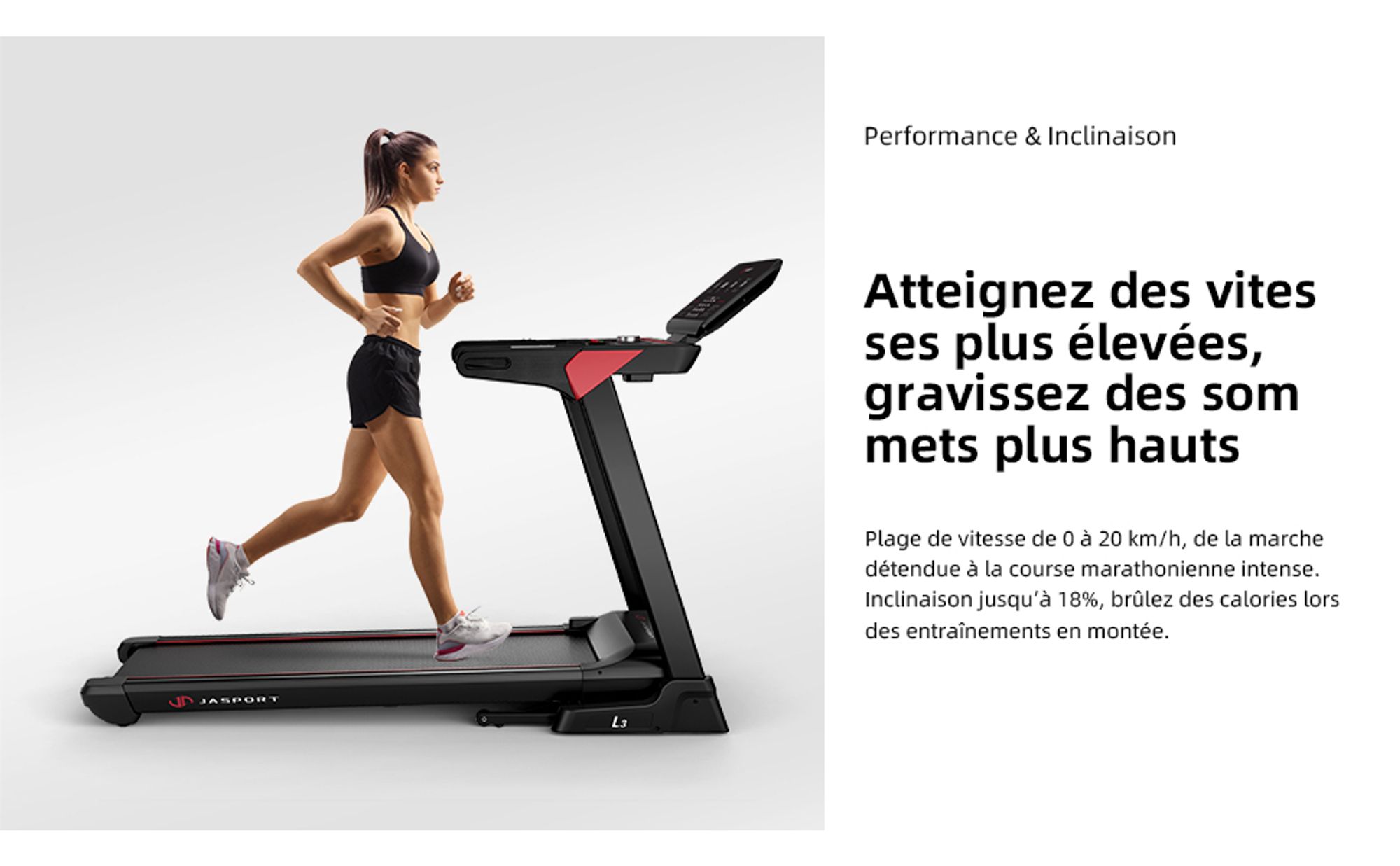 JASPORT L3 tapis de course: pliable, silencieux, Bluetooth, 4CV, jusqu’à 20km/h, inclinaison 18%, surface 1340x480mm, 120kg