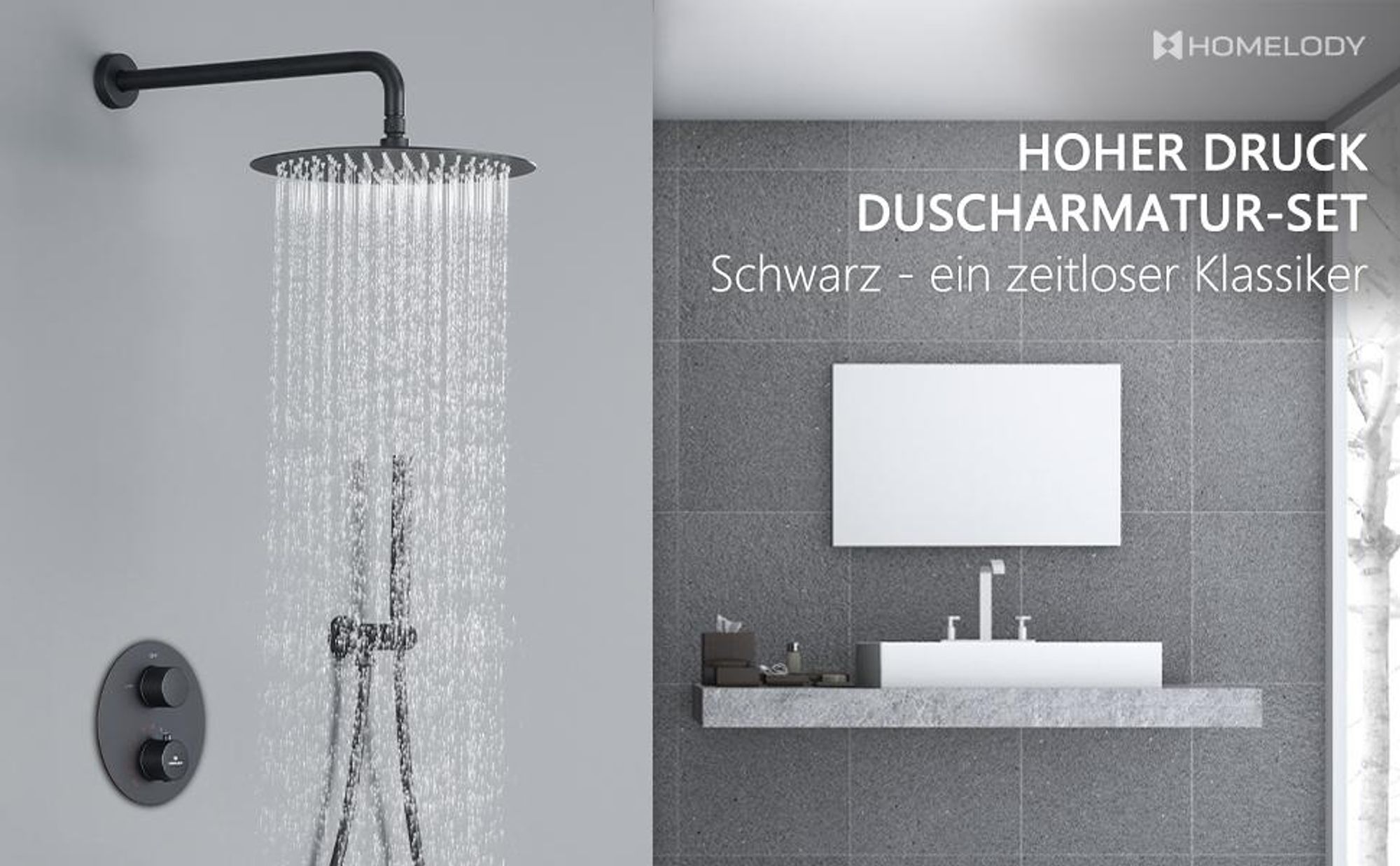 Homelody Schwarz Duschsystem mit Thermostat, Duscharmatur Regendusche Unterputz 12 Zoll Kopfbrause Anti-Verbrühungs-Duschsystem, Messingkörper