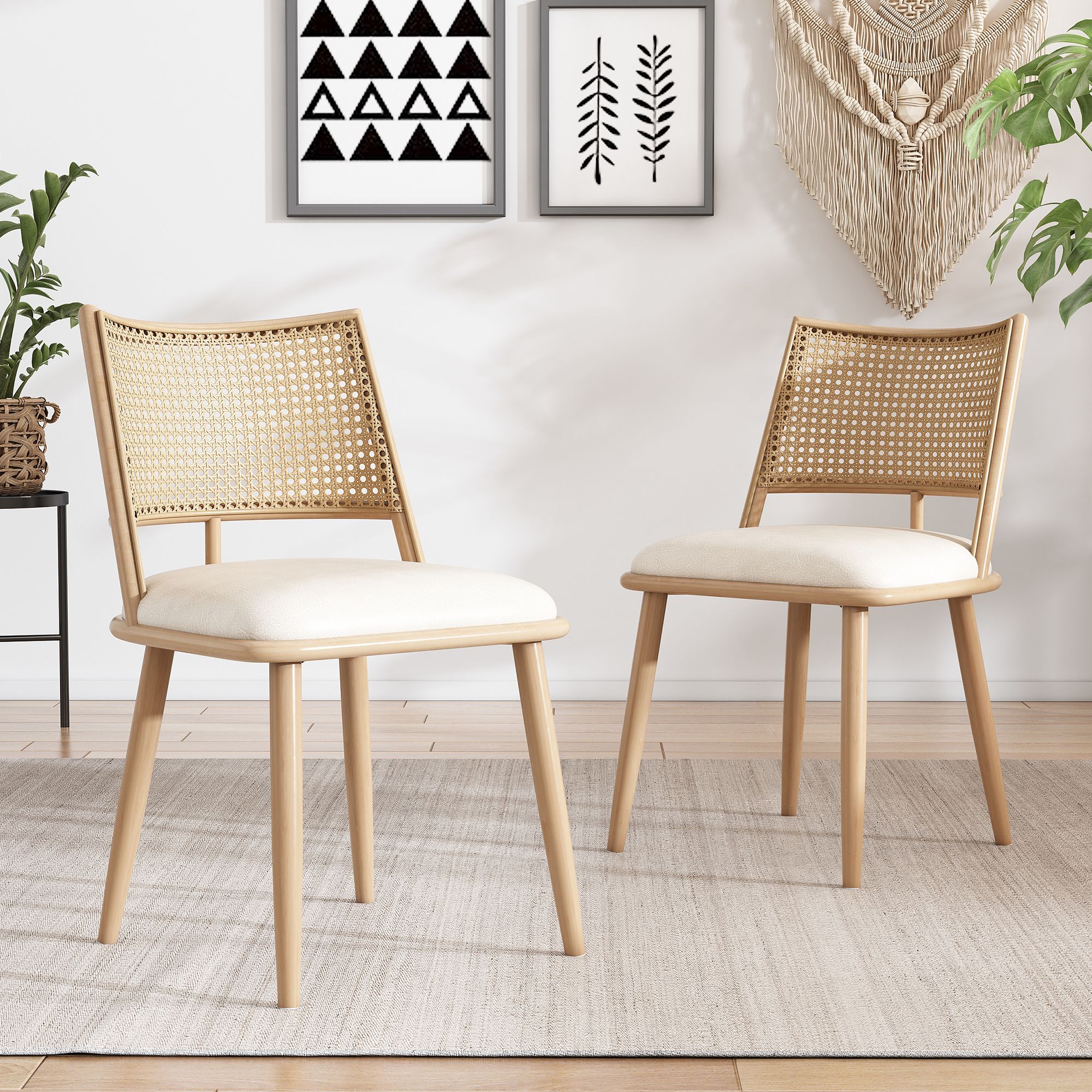 Flieks Rattan Esszimmerstühle 2er Set, Esstischstühle Küchenstühle mit Metallbeinen, Gartenstuhl Freizeitstuhl Wohnzimmerstuhl, PU, Beige