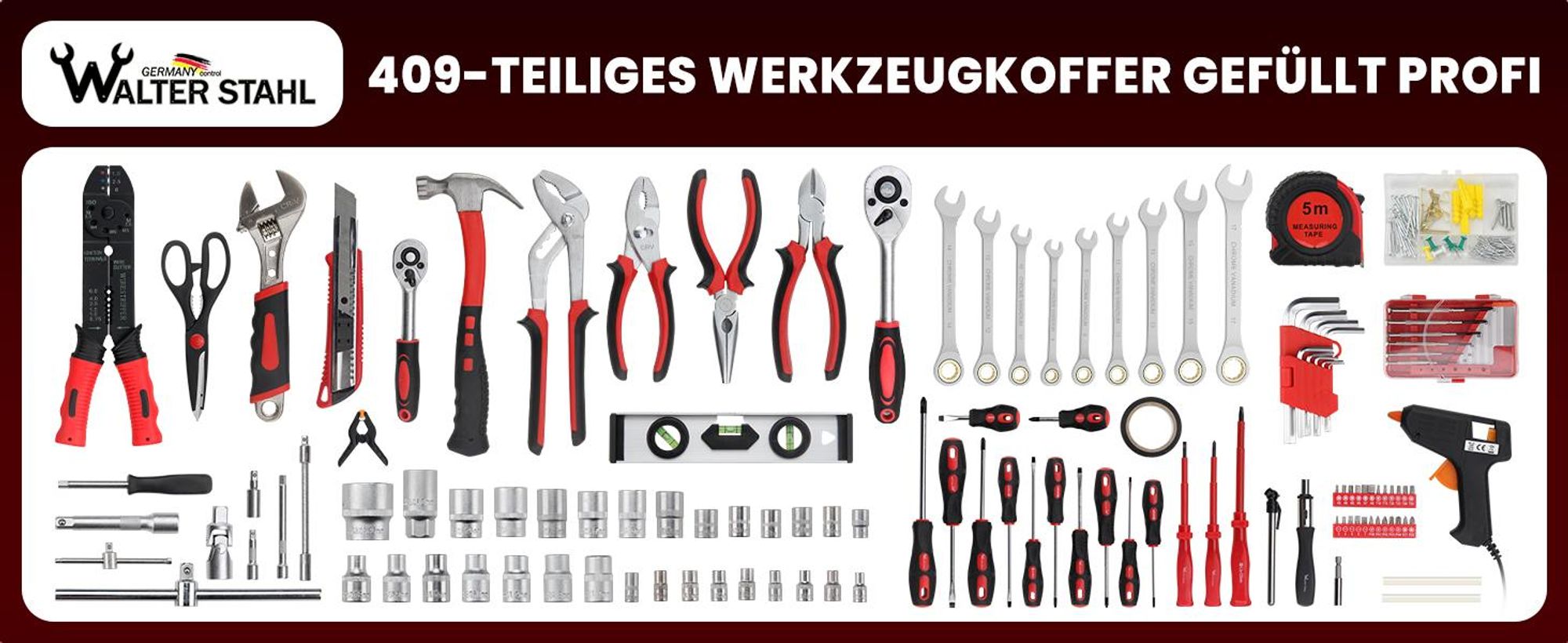WALTER STAHL Werkzeugkoffer gefüllt 409 tlg | Werkzeugkasten | Aluminiumkoffer | Werkzeug Set | für Werkstatt und Haushalt