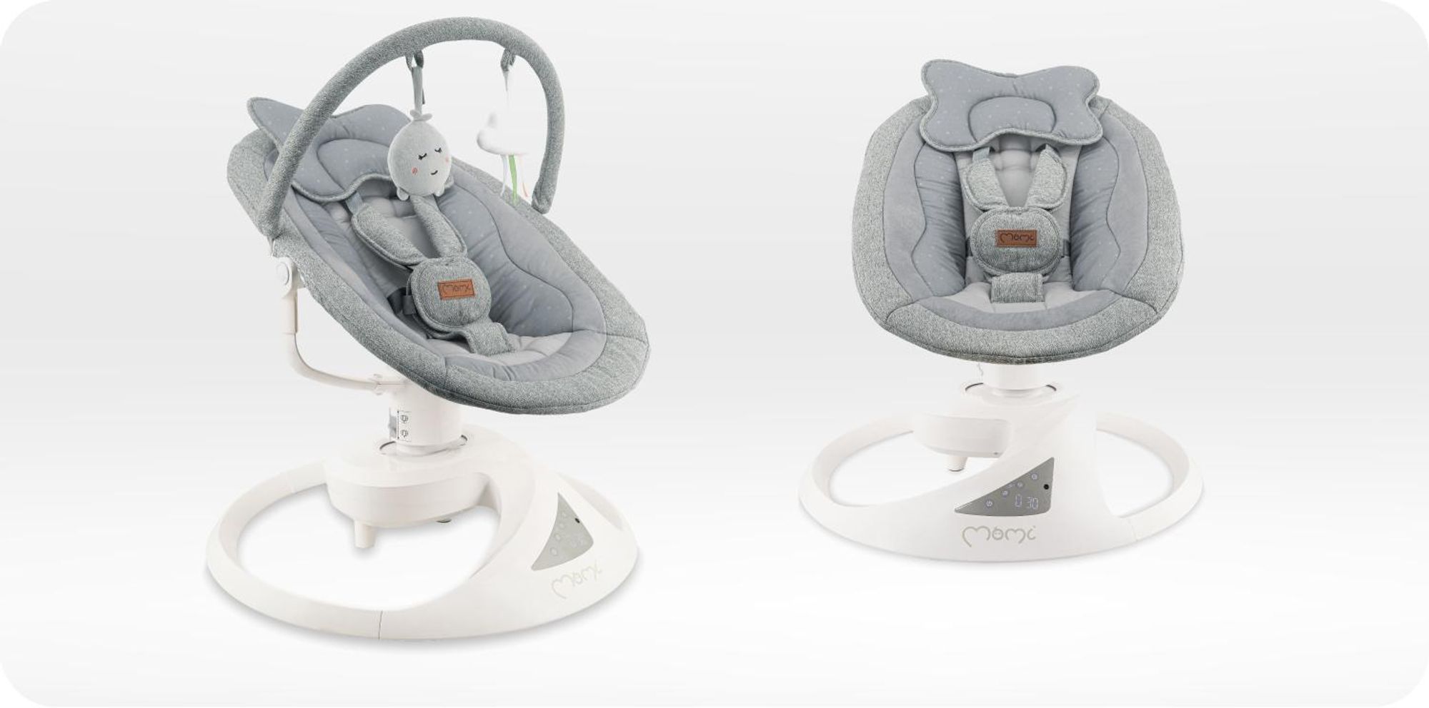 MoMi PEARL – Babywippe mit Bluetooth, 360° Sitzdrehung, 2 Modi, Nummern‑Panel – Grau