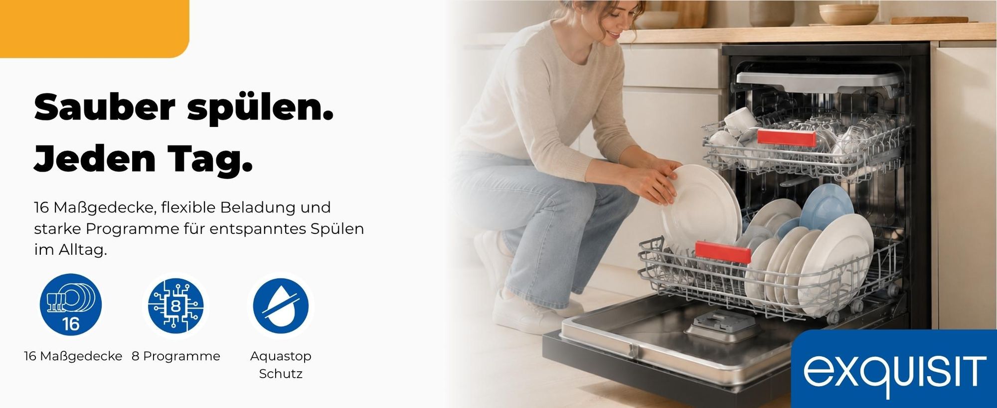 Exquisit Geschirrspüler 16 Maßgedecke | Energieklasse C | 8 Spülprogramme | Aquastop | Innenbeleuchtung | Unterbaufähig | Startzeitvorwahl | Schwarz