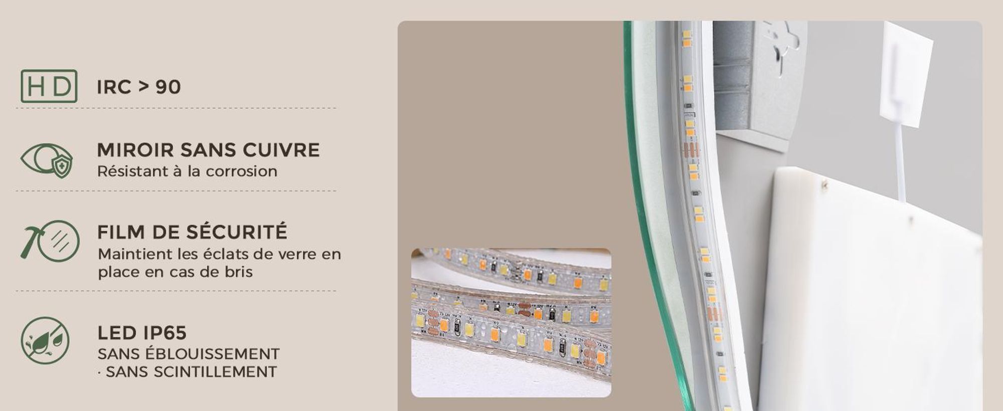 S'AFIELINA Miroir Salle de Bain LED 48 × 72 cm, Asymétrique, Sans Cadre,3 couleurs d’éclairage, luminosité réglable, anti-buée et mémoire