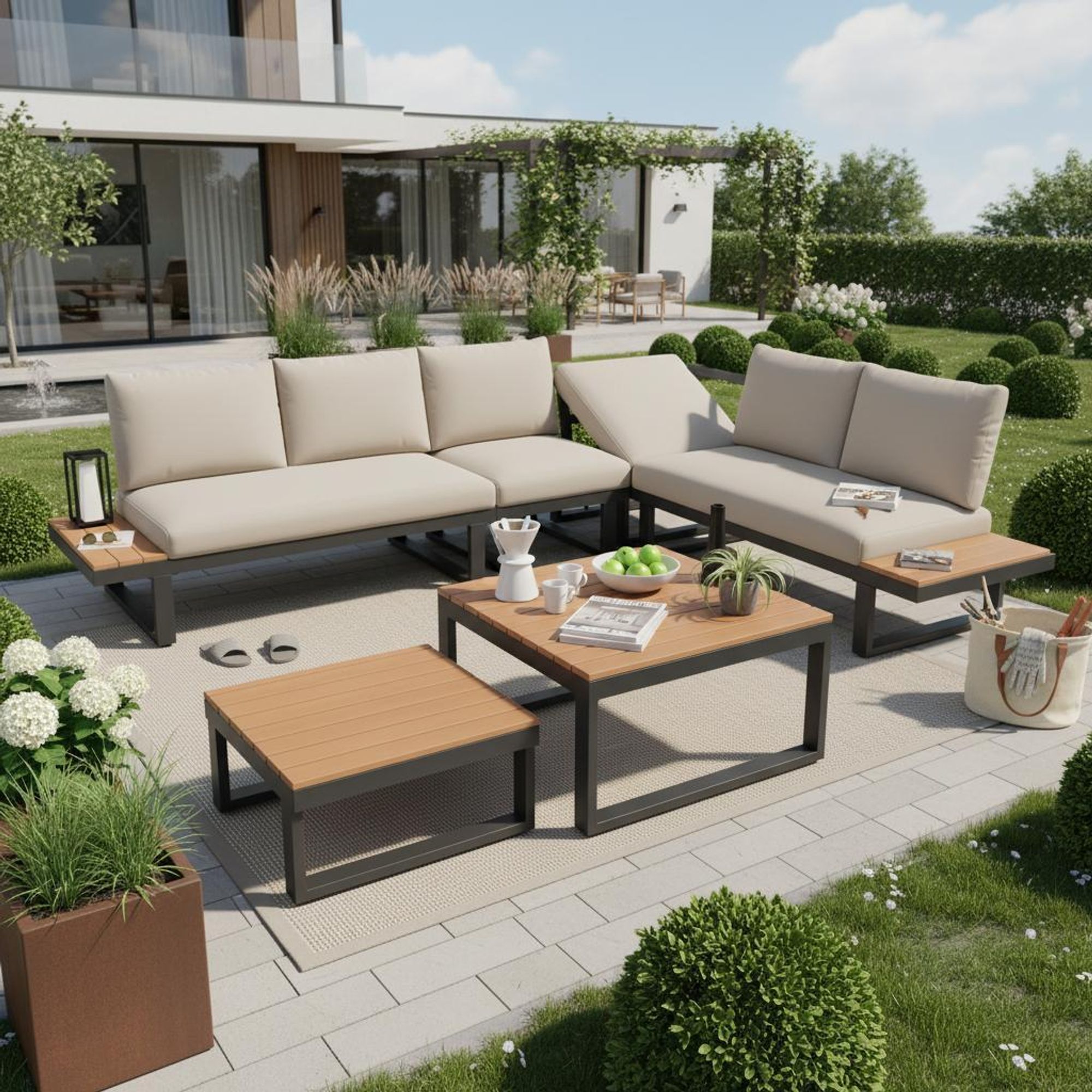 Flieks Gartenlounge-Set 6 Teilig, Balkonmöbelset mit 2 Gartentisch für 6 Personen, Gartensofa mit Ecksofa & Stuhl, Couchtisch Kunststoffplatte, Beige