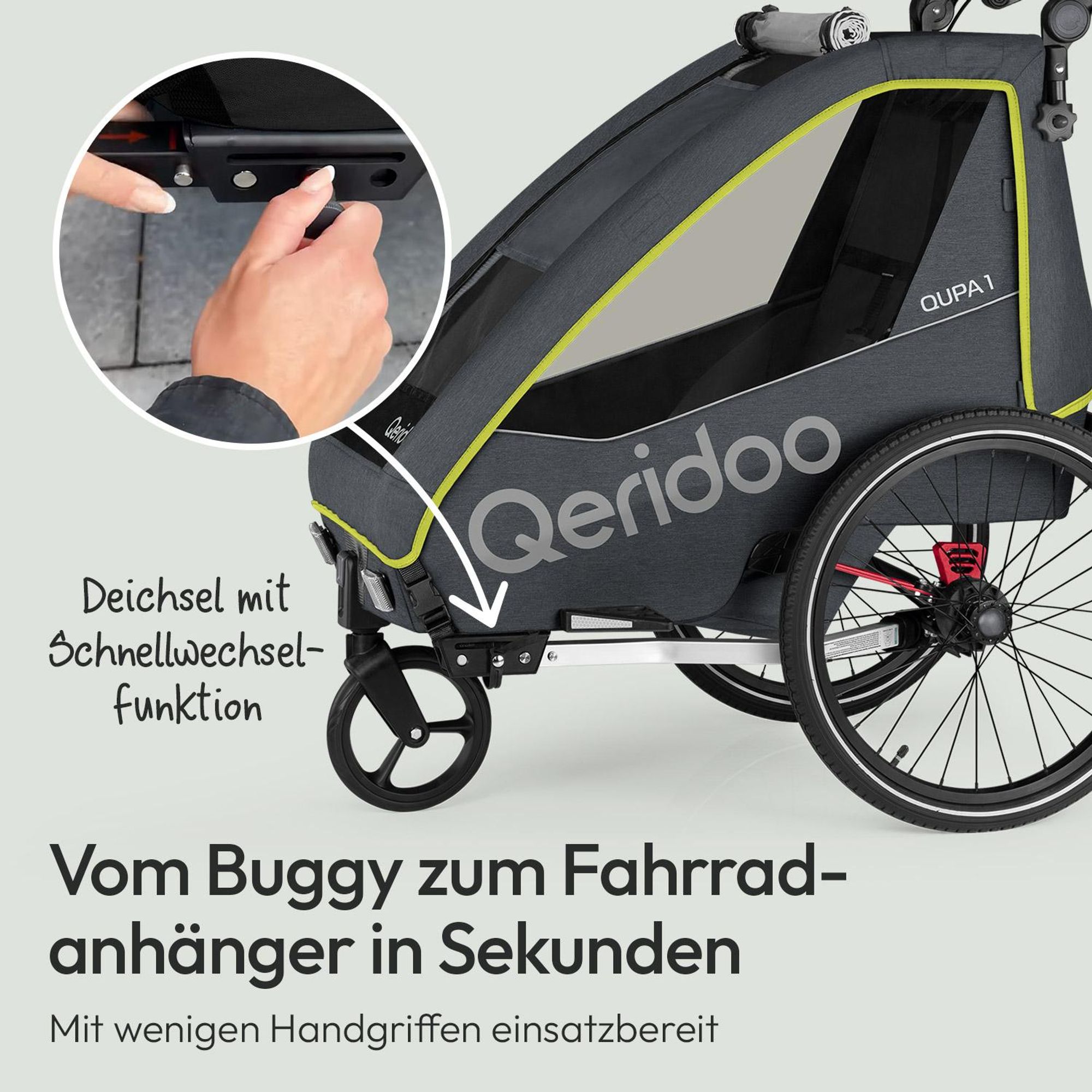 Qeridoo QUPA 1 - Kinderfahrradanhänger für 1 Kind, Farbe: Lime