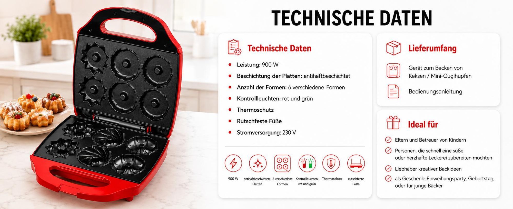 Kalorik Guglhupfbäcker Traditionsformen, 3 Formen für leckere Törtchen, 900 W, Rot, TKG CKM 1007 RD