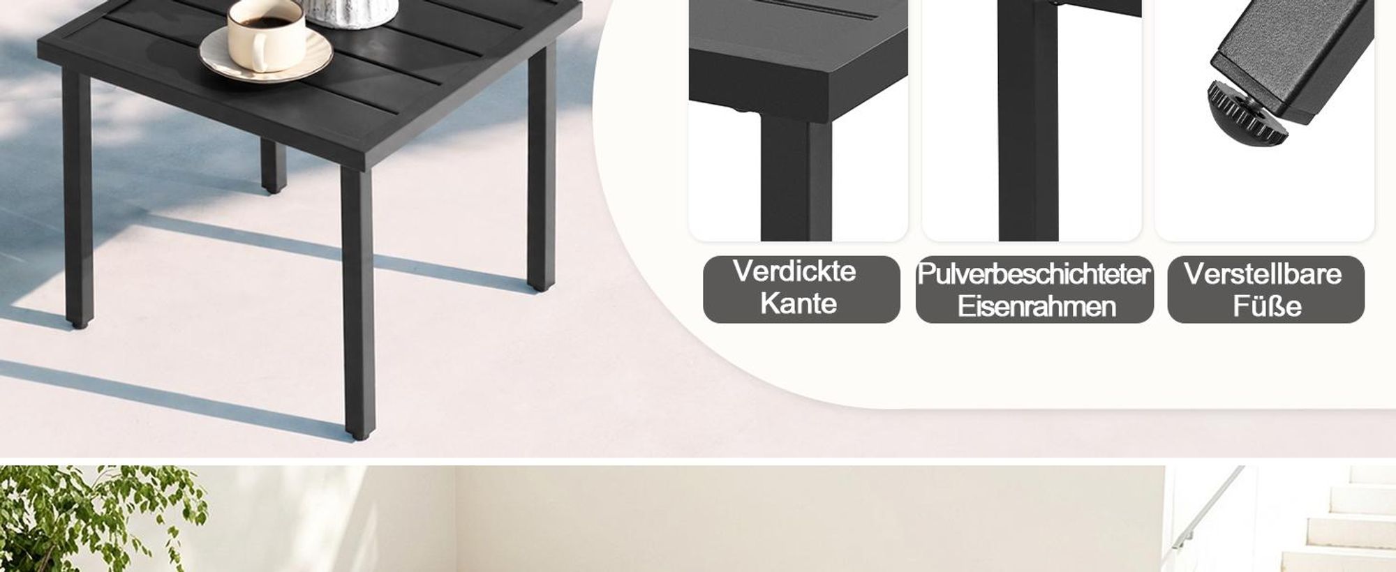 Avestar Beistelltisch 44x44x41 cm, Gartentisch mit Lattenrost und verstellbaren Füßen, pulverbeschichteter Metall, wetterfester Couchtisch, Schwarz