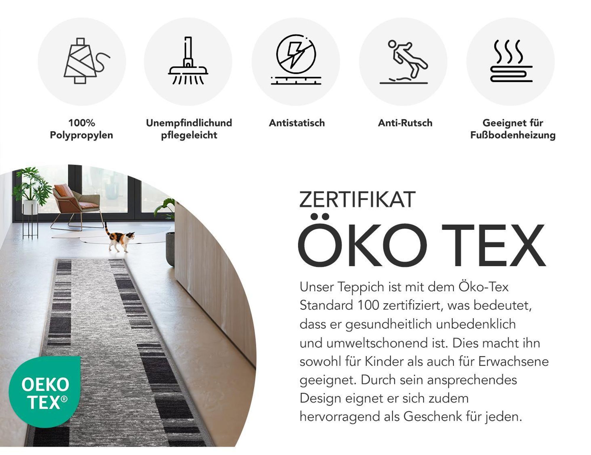 Floordirekt Teppich Läufer Navona, Feinschlingen Teppichläufer mit rutschfestem Gelrücken, für Flur, Küche & Wohnraum, robust - Grau, 80x200 cm