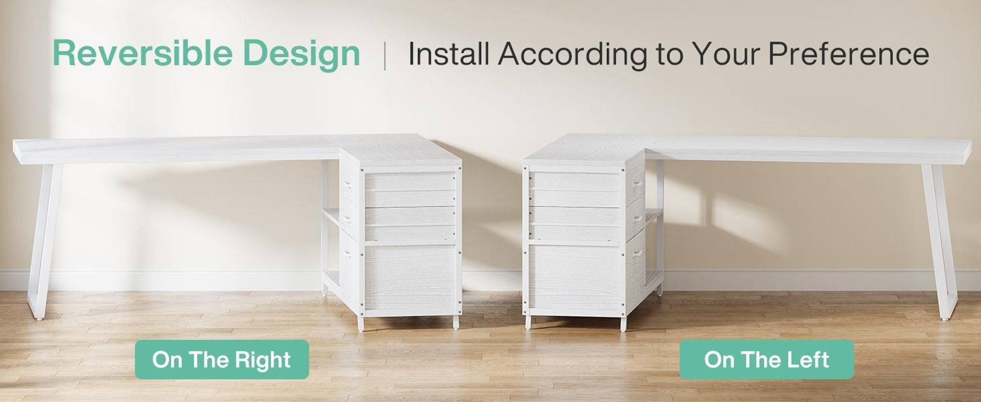 Tribesigns Scrivania a L con 3 cassetti, computer ad angolo reversibile per ufficio con ripiani, computer industriale 135 cm, tavolo da lavoro, bianco