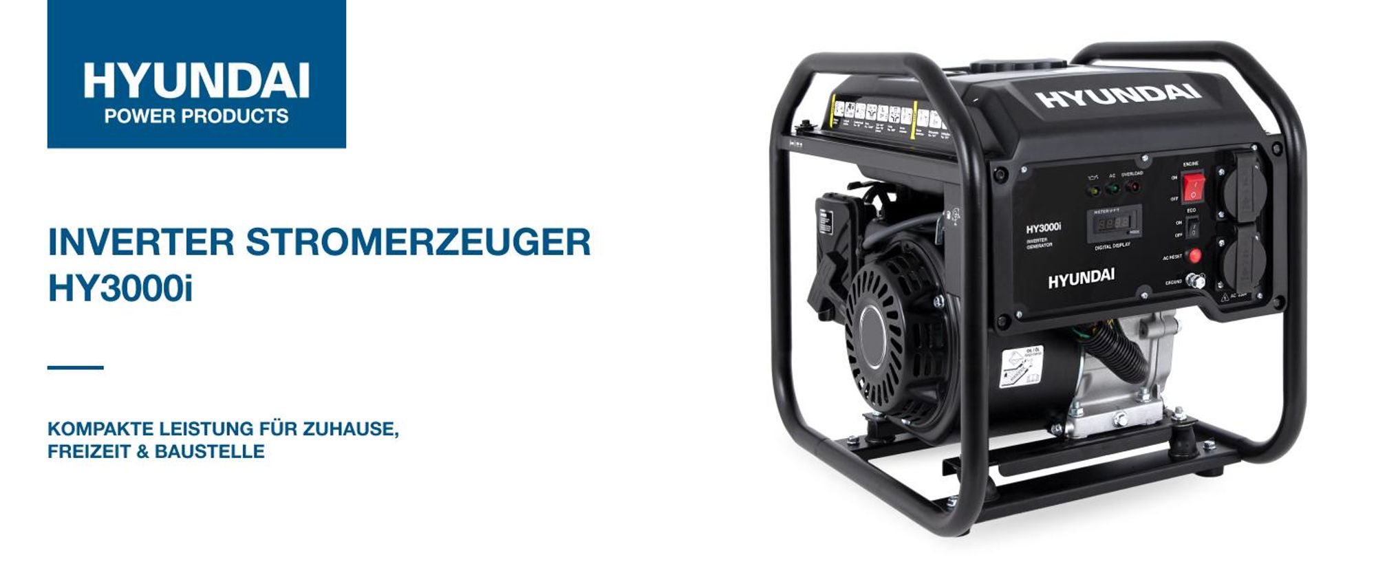 HYUNDAI Inverter Stromerzeuger HY3000i – 3.0 kW max. Leistung, Benzin Generator mit reinem Sinusstrom, 2x 230V, ECO-Modus, ideal für Camping, Baustelle und als Notstromaggregat