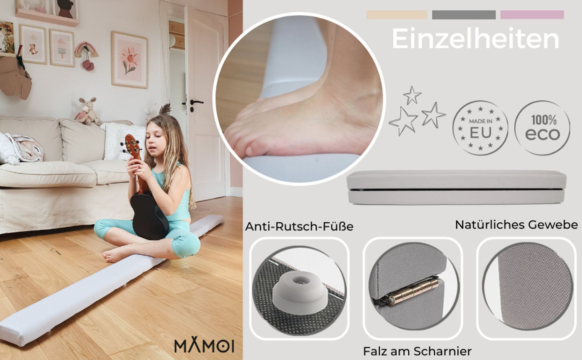 MAMOI® Schwebebalken für zuhause, Balancierbalken für kinder, Balken turnen klappbar, Turngeräte indoor, Balancieren und Turnbalken, Hellgrau Gymnastic bar