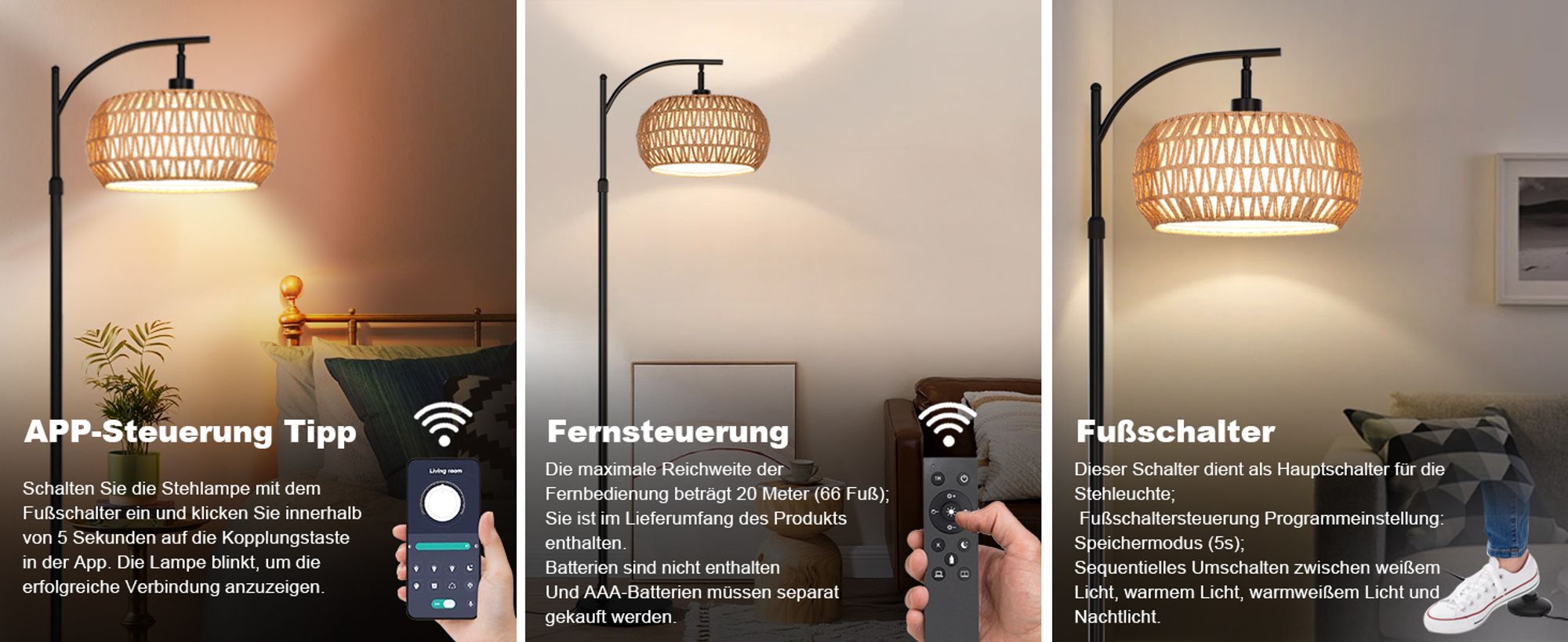 Stehlampe Wohnzimmer, Dimmbare Rattan Standleuchte mit 3 Farb,Fernbedienung und Fußschalter, App-Steuerung,12W E26 Bogenlampe,Standleuchte Leselampe