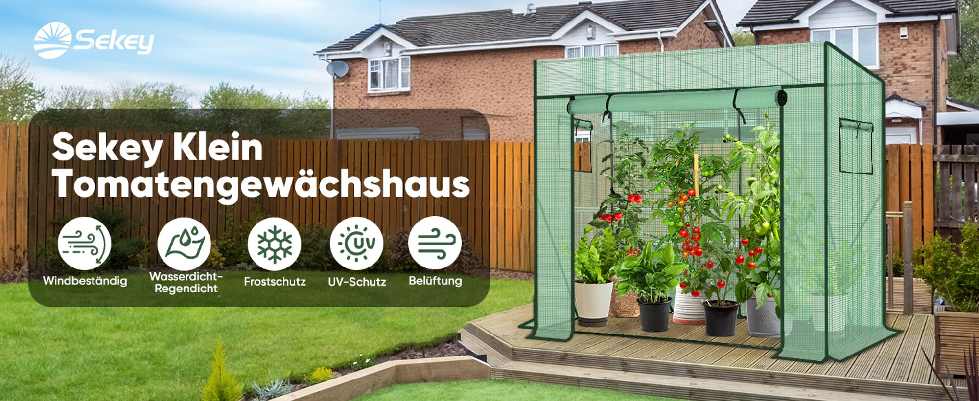 Sekey 200 x 77 x 170 cm Foliengewächshaus Schrägdach, Tomaten Gewächshaus mit verstärkter Struktur, Grün