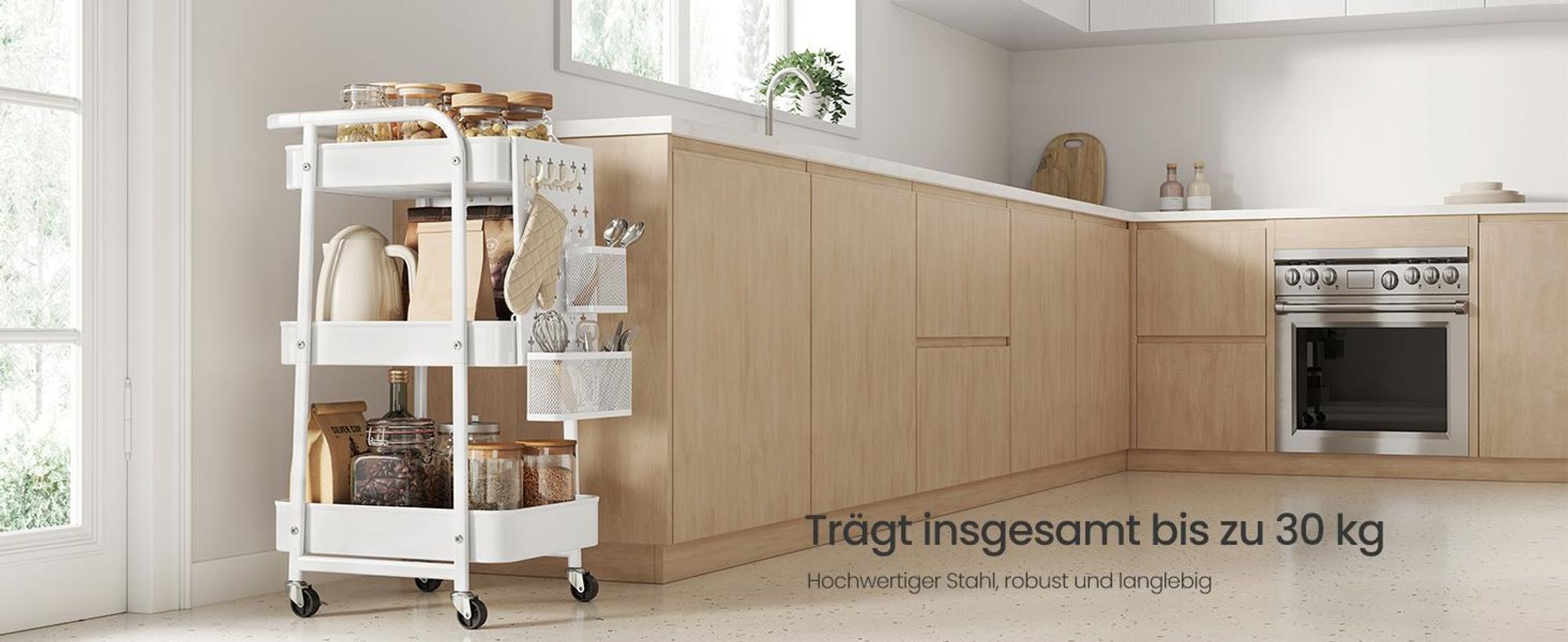 SONGMICS Rollwagen, Küchenwagen, 3 Metallgitterablagen, Servierwagen, 2 abnehmbare Lochplatten, 2 Hängekörbe, 4 Haken