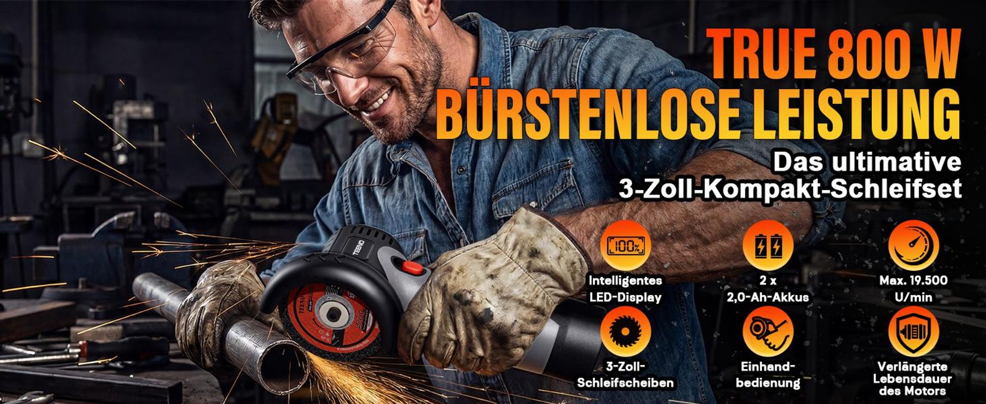 TEENO Akku-Winkelschleifer Bürstenlos 16,8V 76mm 19.500 U/min, 2 Akkus 800W Motor, LED-Display, 2x2000mAh Akkus, 6 Scheiben & Koffer. Schneiden.