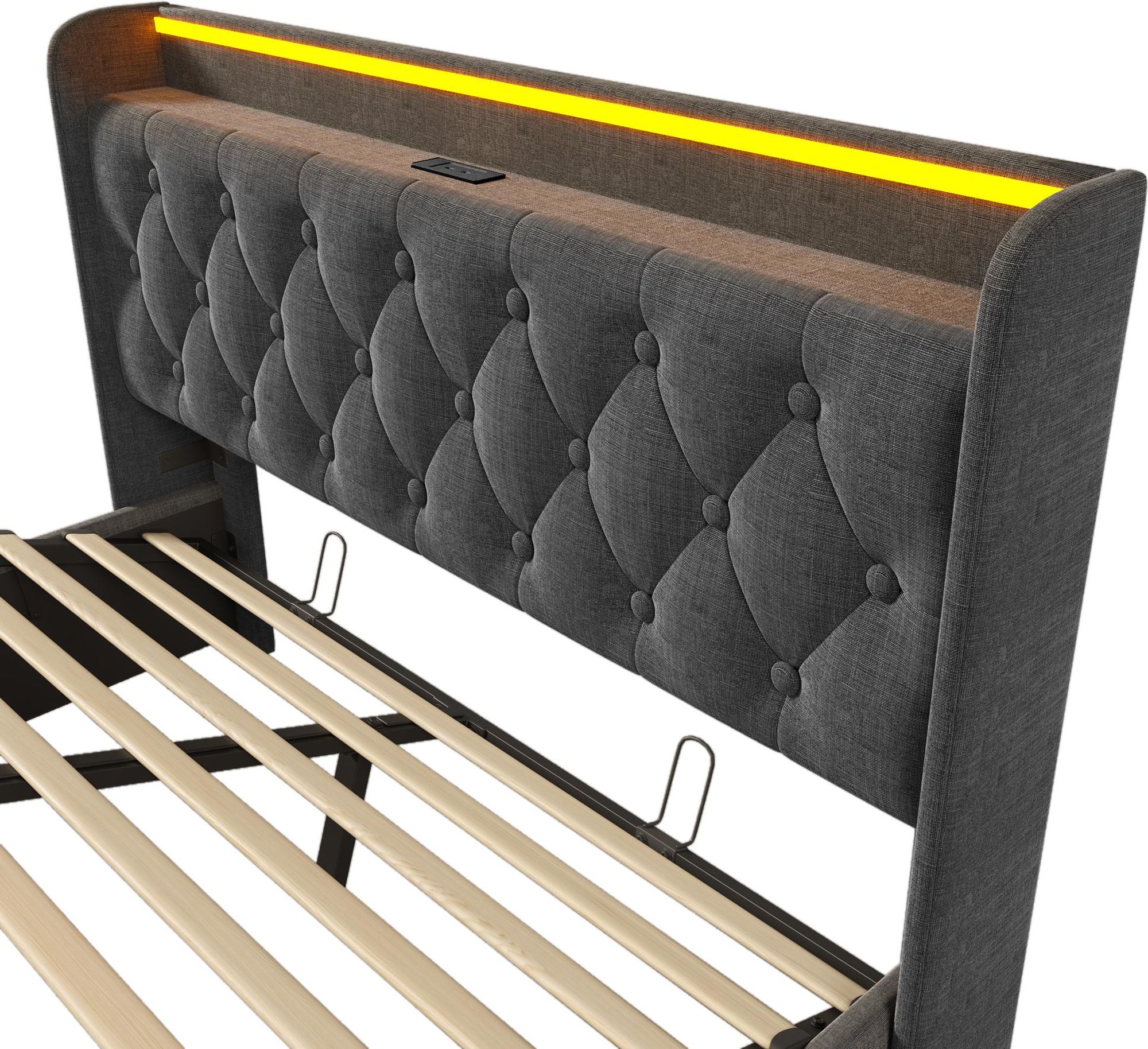 Flieks Polsterbett 140x190cm mit Ladefunktion (USB&Typ-c), Jugendbett Doppelbett Stauraumbett mit LED, Hydraulisches Boxspringbett, Leinen, Grau