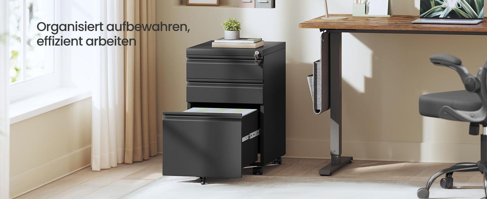 SONGMICS Büroschrank aus Stahl mit 3 Schubladen, abschließbarer Rollcontainer, für Homeoffice, Druckerständer, schwarz