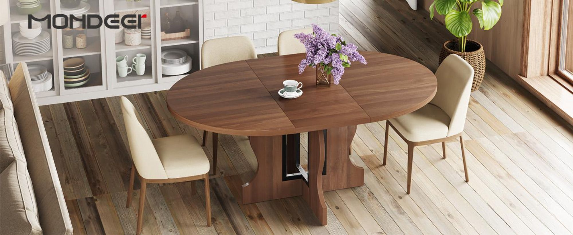 Mondeer Ausziehbarer runder Esstisch 110-150 cm oval mit massivem Holzgestell und intelligentem Auszugsystem für Küche & Wohnzimmer in Walnuss