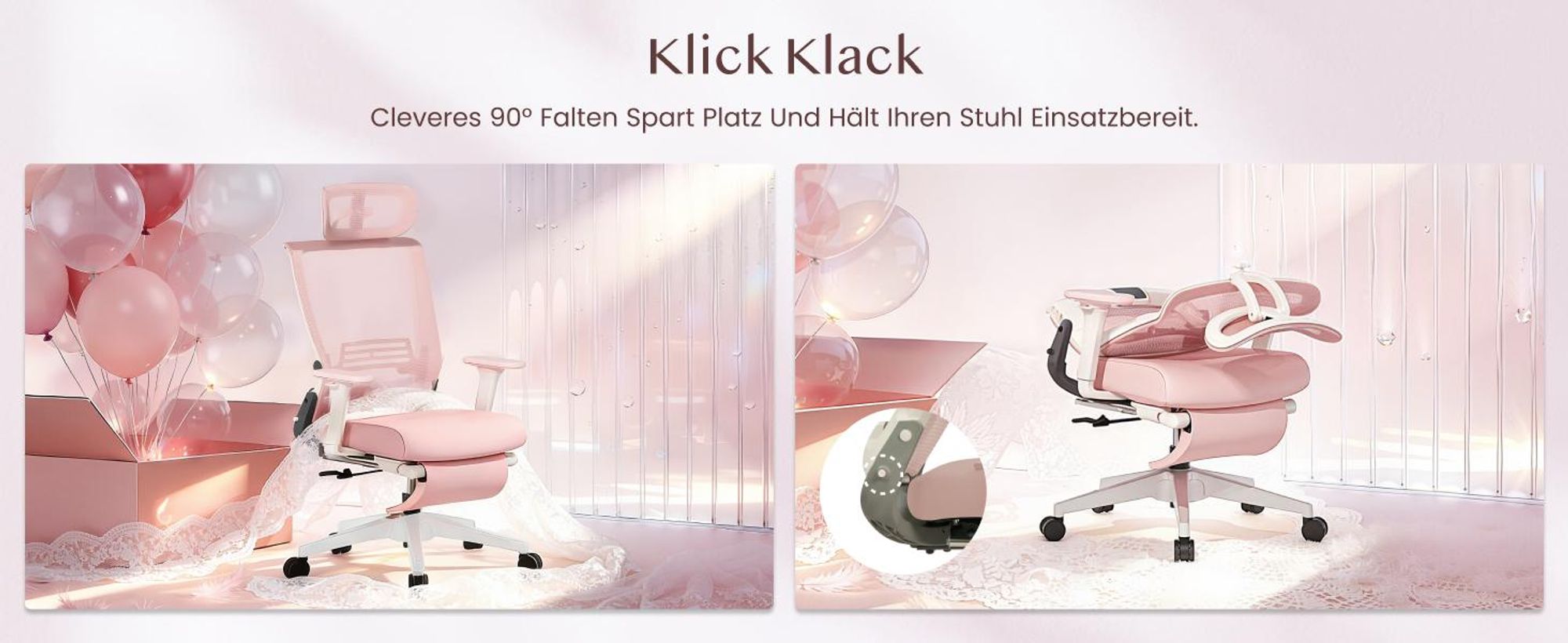 FLEXISPOT Foldex Ergonomischer Bürostuhl, klappbarer Bürostuhl für Kleine Räume mit Lendenwirbelstütze Höhenverstellbaren Armlehnen mit Fußstütze Rosa