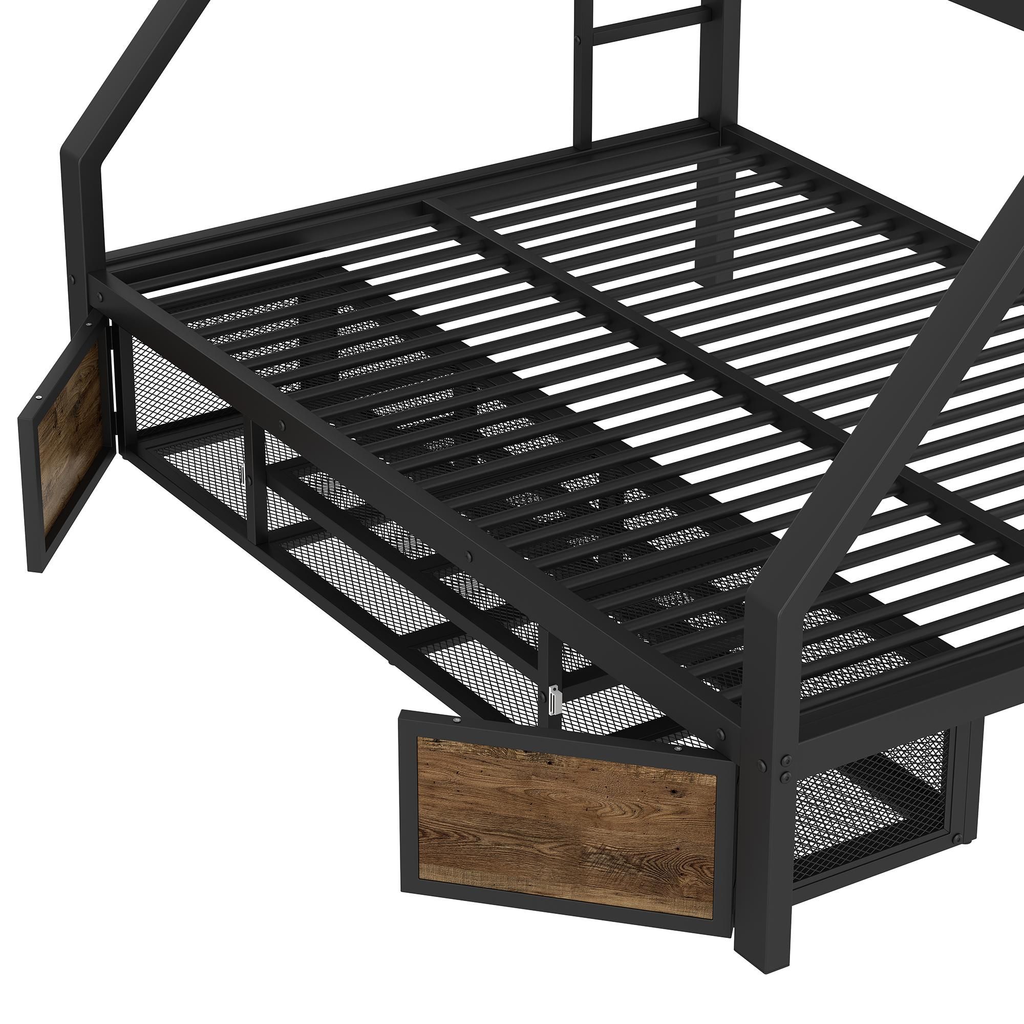 Flieks Etagenbett 90x200cm/140x200cm mit Schuhschrank, Kinderbett Hochbett mit Leiter, Metallbett Jugendbett Stockbett, Schwarz