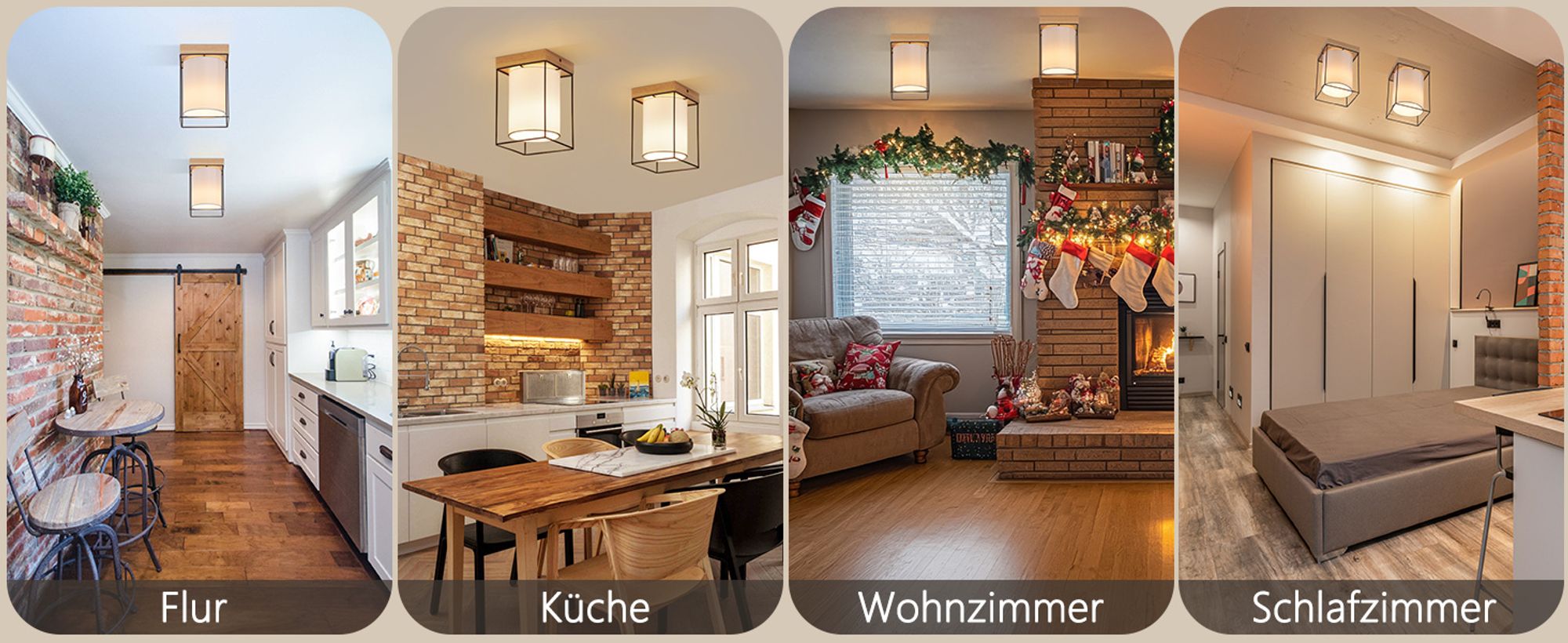ZMH Deckenleuchte Flur Deckenlampe Holz 1 Flammig E14 Vintage Flurlampe mit Stoff Lampenschirm Küchenlampe Industrial Retro (ohne Leuchtmittel)