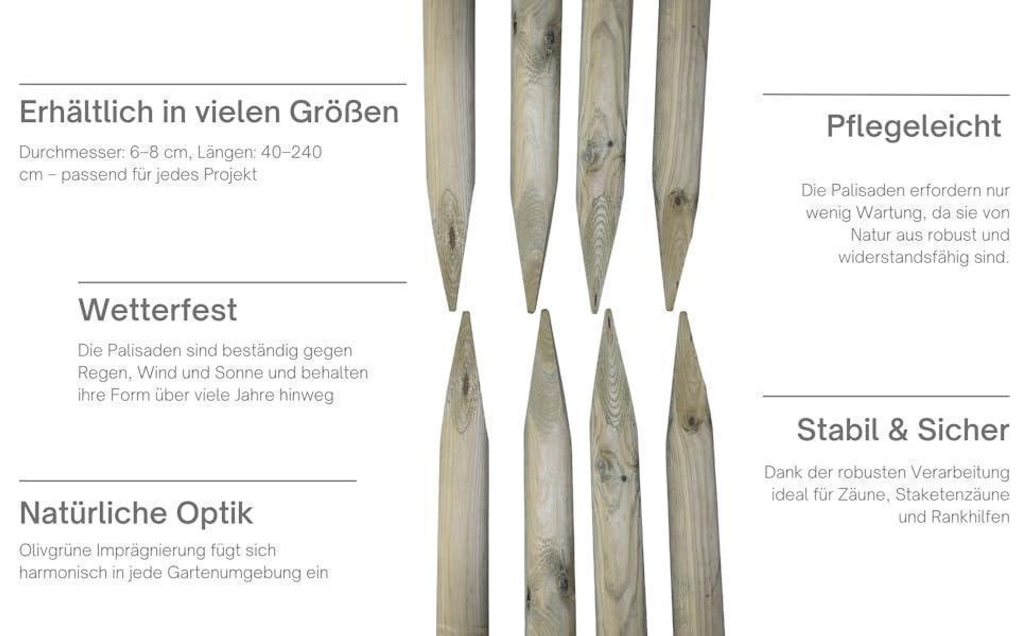TIMBERMIK ⌀ 8cm 4-Pack Spitze Holzpalisaden Länge: 80 cm Imprägniert Olivgrün Holzpfähle Garten Palisade Holz Baumpfahl Zaunpfosten