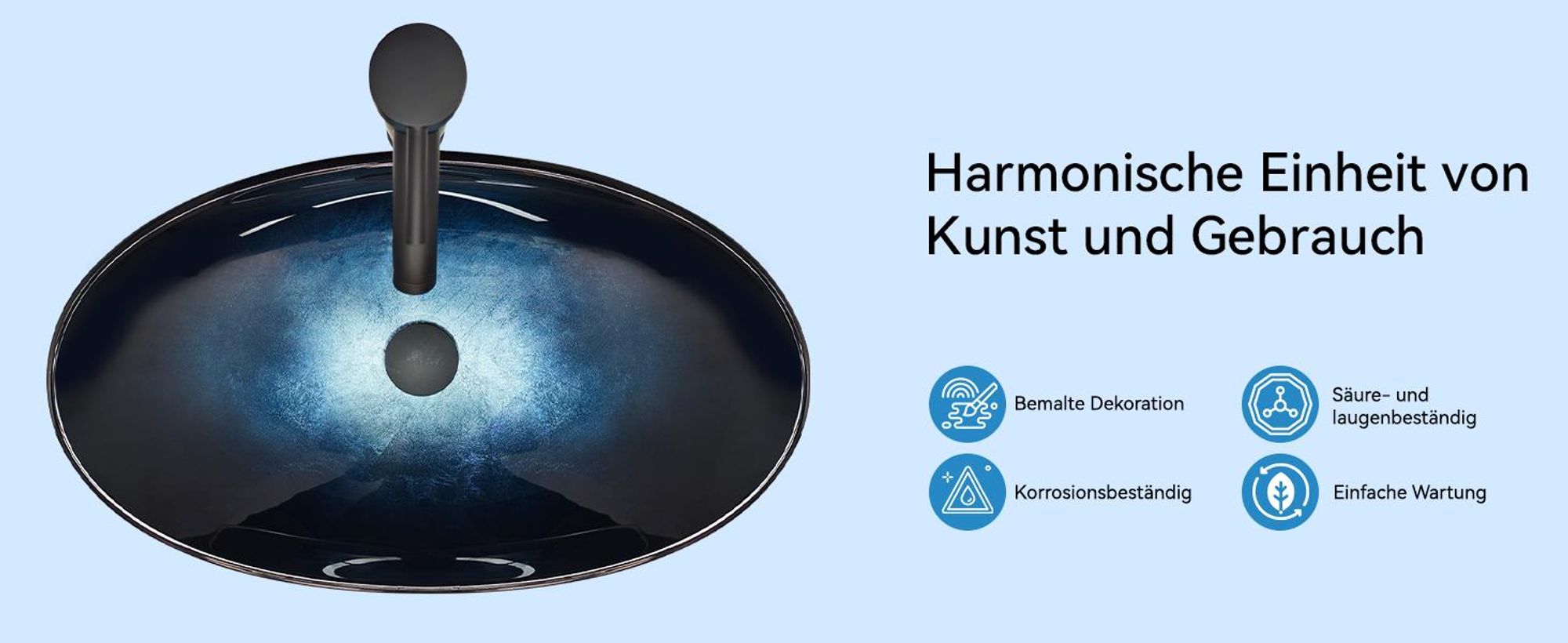 Puluomis Waschbecken Glas Aufsatzwaschbecken Waschschale Oval mit Wasserhahn Ablaufgarnitur Schwarz dunkelblau