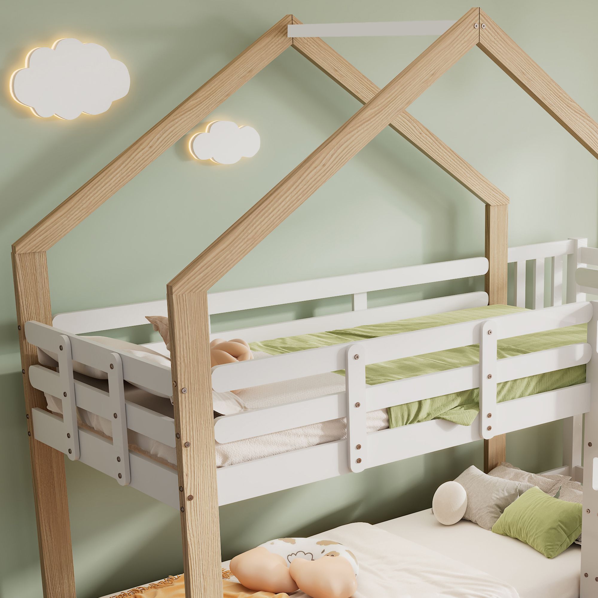 Flieks Etagenbett mit Rausfallschutz, Kinderbett mit Rutsche und Leiter, Hochbett mit Lattenrost, Hausbett Massivholzbett Stockbett 90x200cm, Weiß