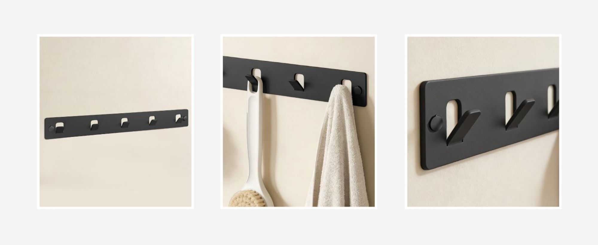 doporro Garderobenleiste mit 5 Haken, Wandgarderobe mit Garderobenhaken, Kleiderhaken Wand, selbstklebend oder zum Bohren, Schwarz, Stalo-14