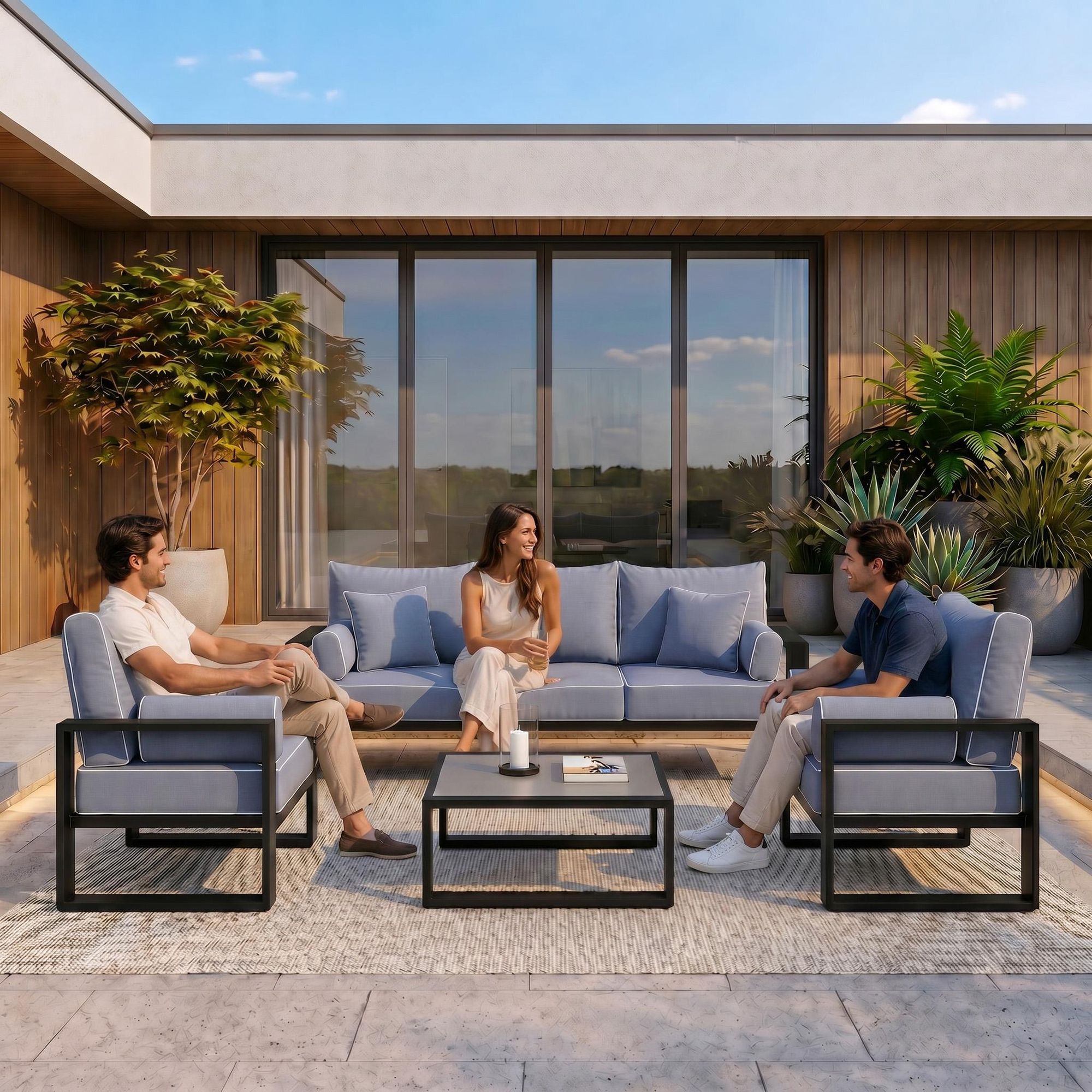 BEAUTYSOFA | VERDINO Gartenmöbel Set Blaugrau – 3-Sitzer Sofa + 2 Sessel, Garten Lounge Set wetterfest, Metallrahmen, SIMAX 42