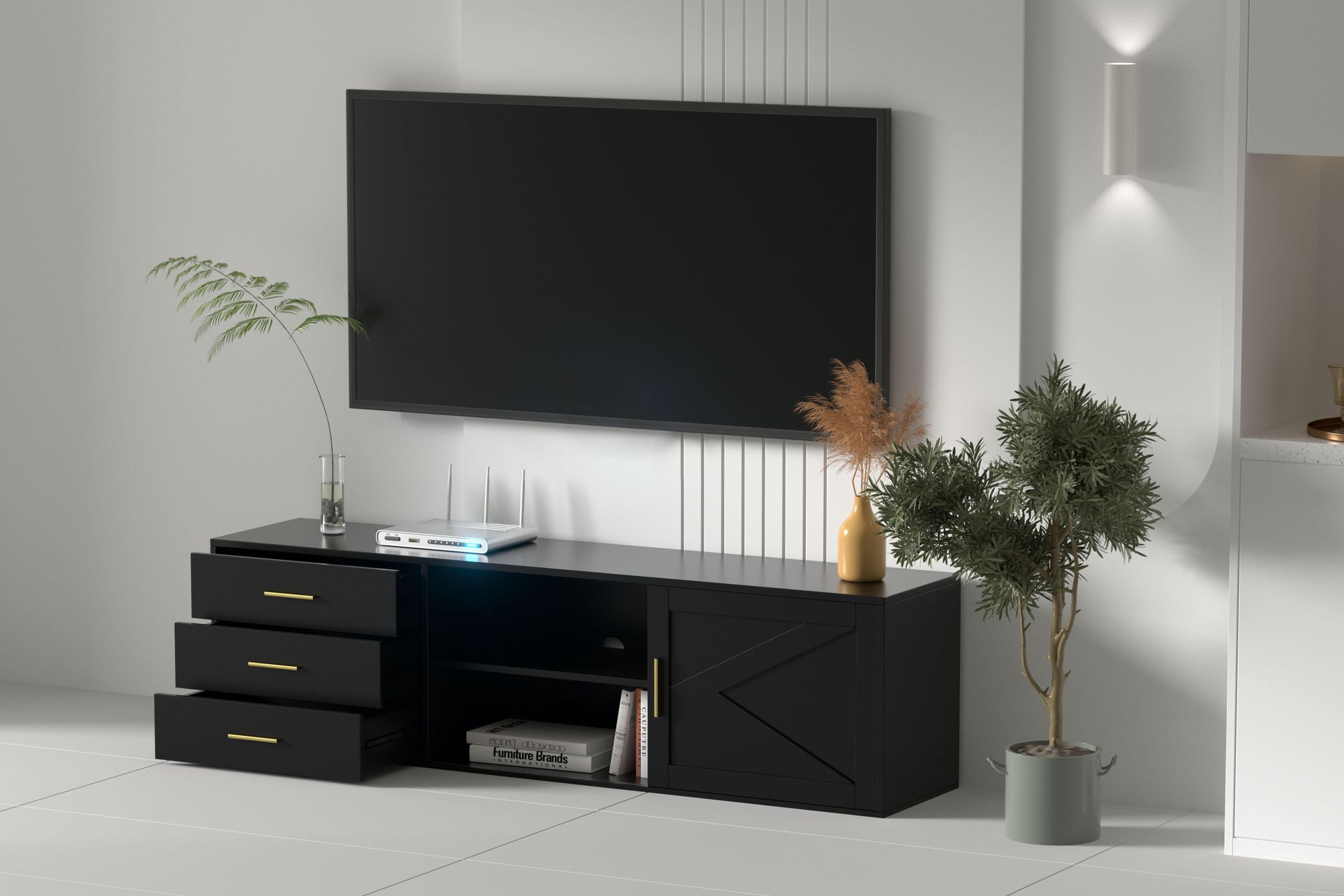 HOMAVO TV-Möbel 160 cm – Modernes Wohnzimmermöbel mit 3 Schubladen, 2 Schiebetüren, pflegeleichter Melaminoberfläche, Holzoptik, robust & stilvoll