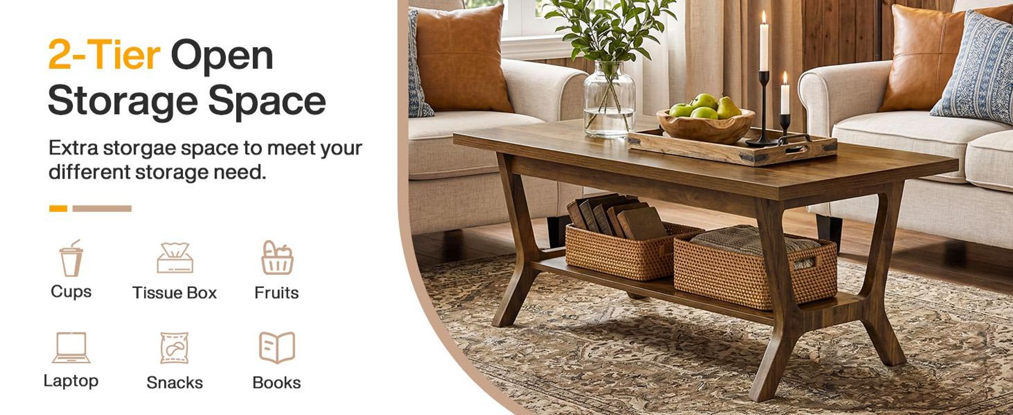Tribesigns Couchtisch fürs Wohnzimmer, 120 cm großer rechteckiger Couchtisch Holz im Landhausstil mit Ablagefach, Homeoffice, rustikales Braun