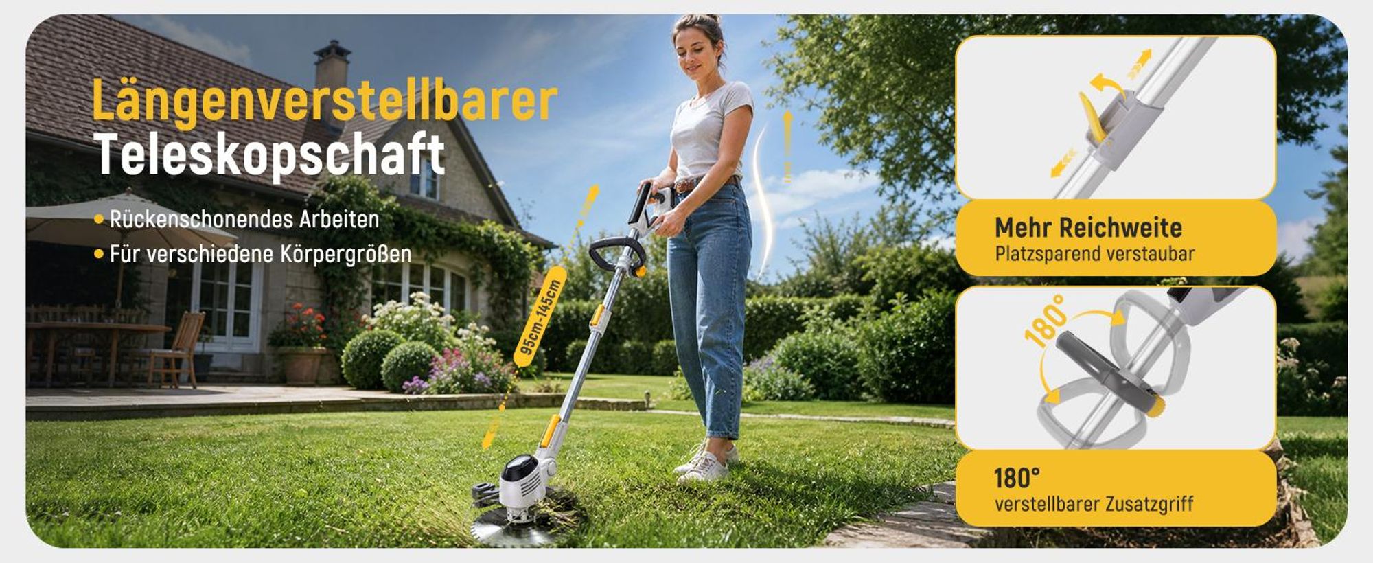 Traumheim Akku Rasentrimmer 21V, 3-in-1 Freischneider, 2x 2,0Ah Akku mit Ladegerät, Teleskopstiel, Kantenschneider, 3 Messerarten,für Garten und Rasen
