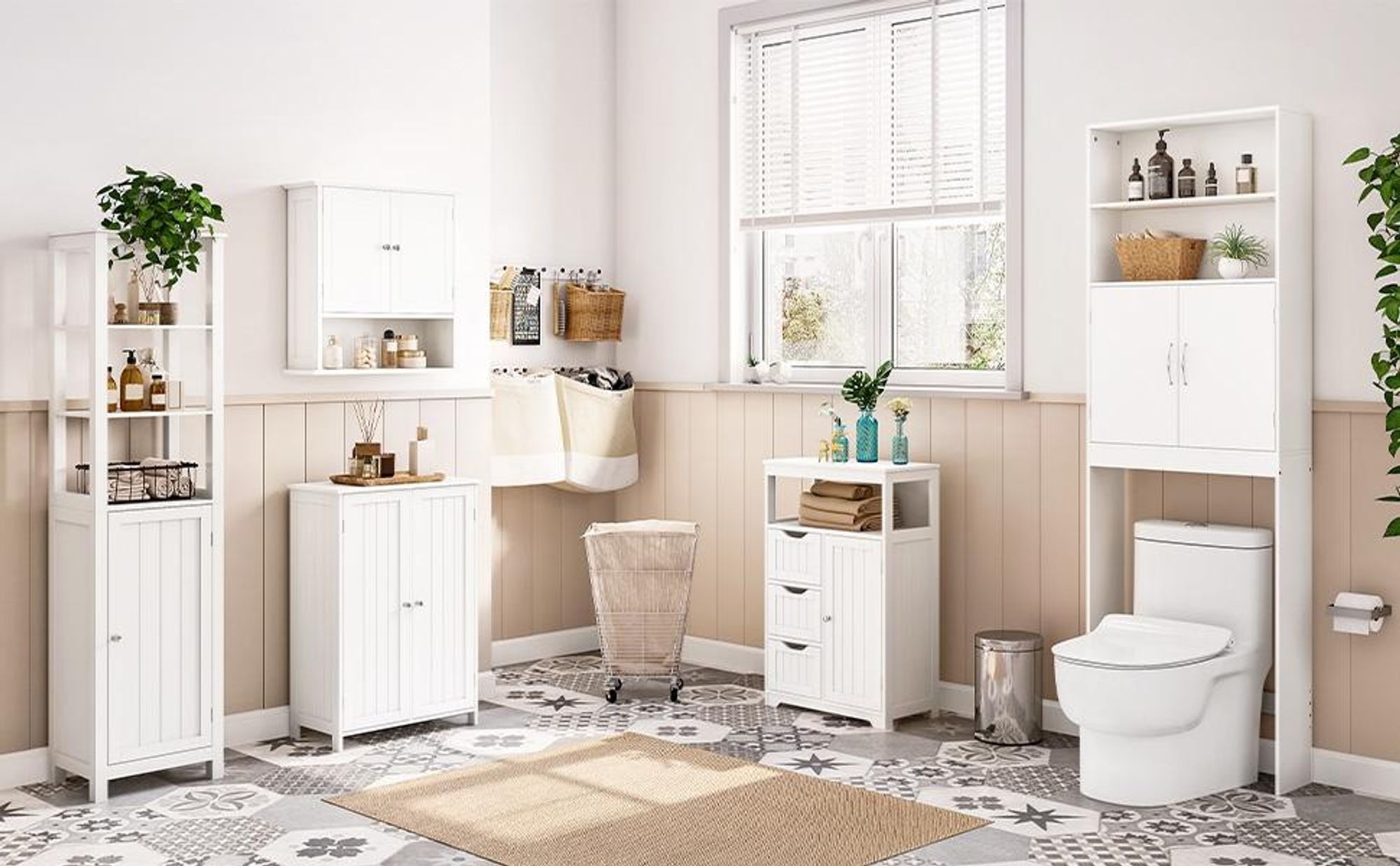 Yaheetech Waschmaschinenschrank Toilettenschrank 195 cm H, Überbau Badezimmerschrank über WC und Waschmaschine, Weiß