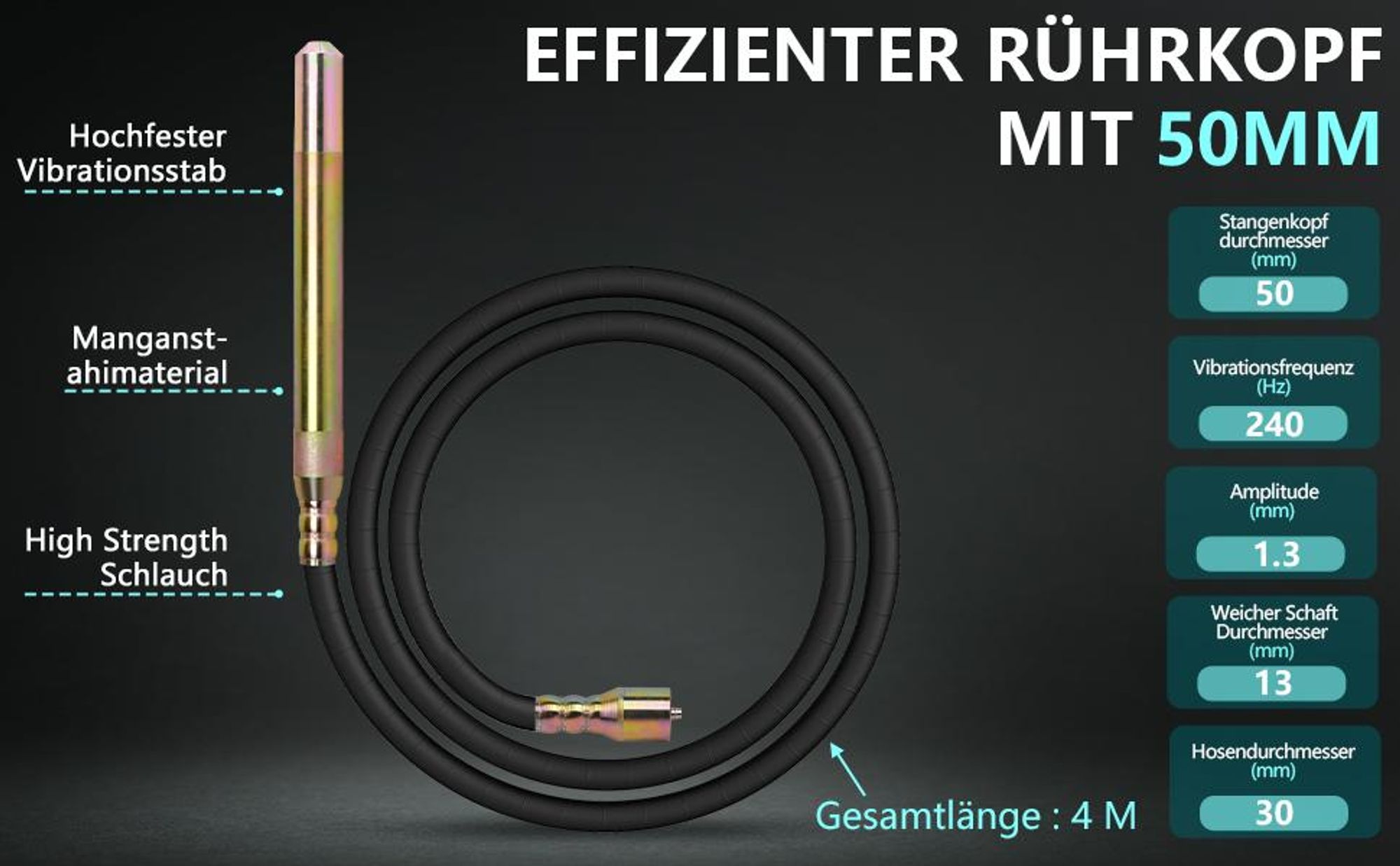 3200W 6800rpm Betonrüttler mit 50mm Schwingkopf, 6m Flexwelle Stoßfest Rahmen, Alu-Gehäuse, Betonvibrator Betonverdichter für Betonverdichtung