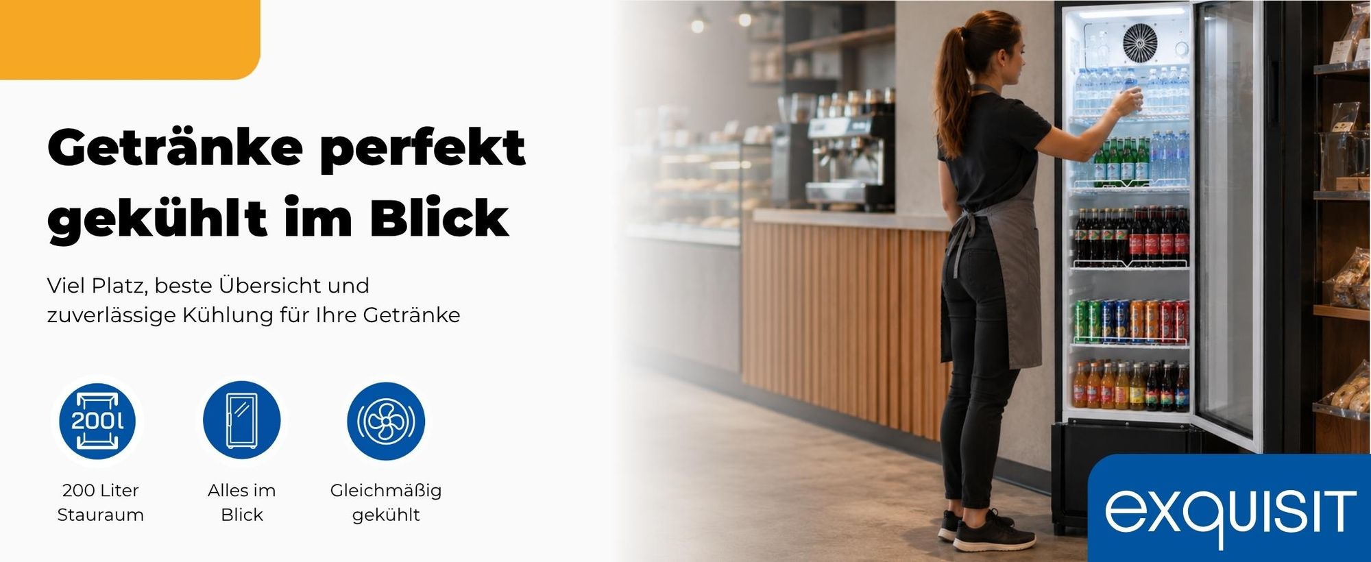 Exquisit Glastürkühlschrank, 200l Getränkekühlschrank mit LED, Umluft, 3 verstellbare Ablagen, CoolPro, GKS5180-GT-431D schwarz