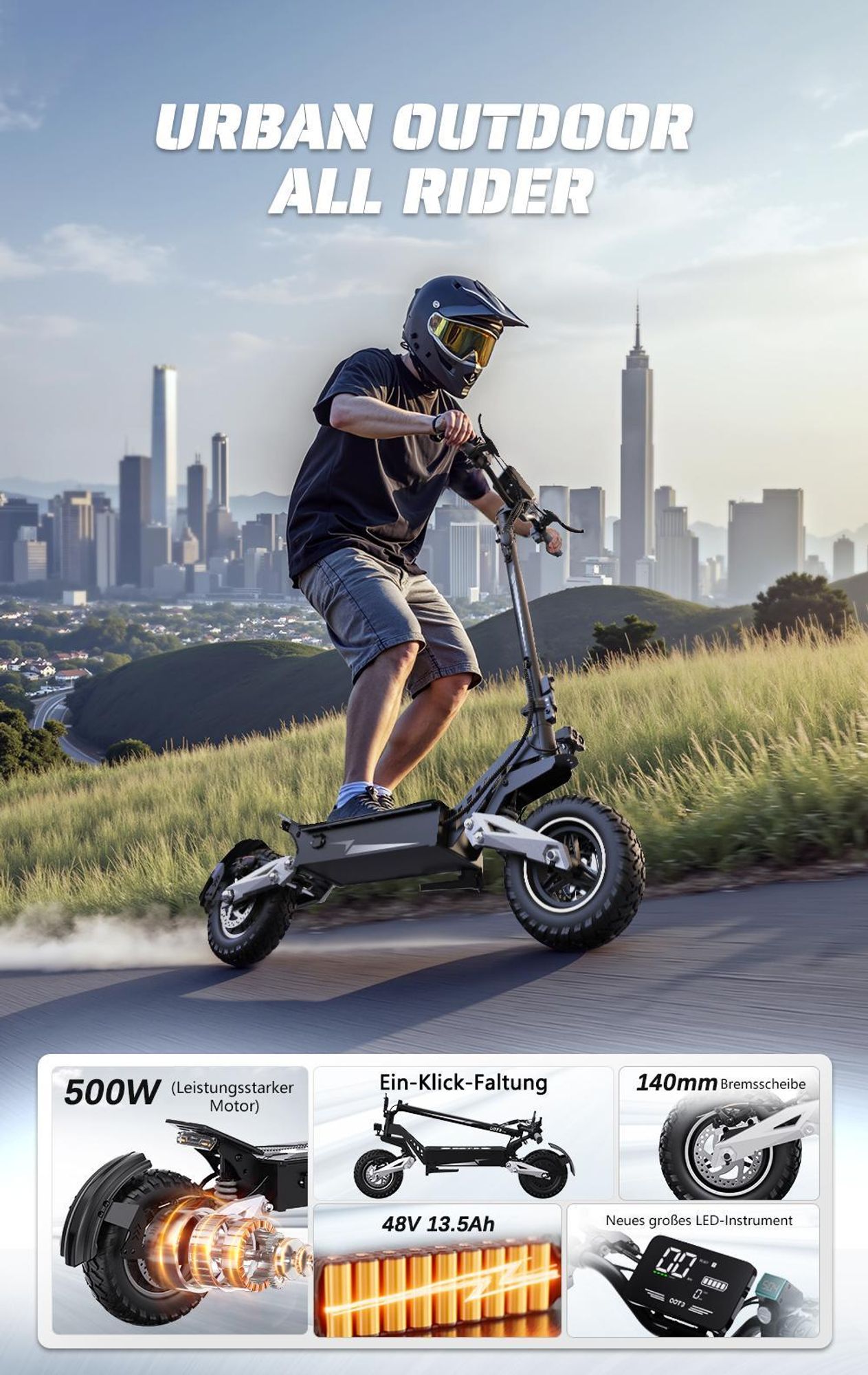 Elektroroller OOTD T10 - Motor 500W Akku 48V13.5AH 11" Reifen Scheibenbremse - Schwarz Grau