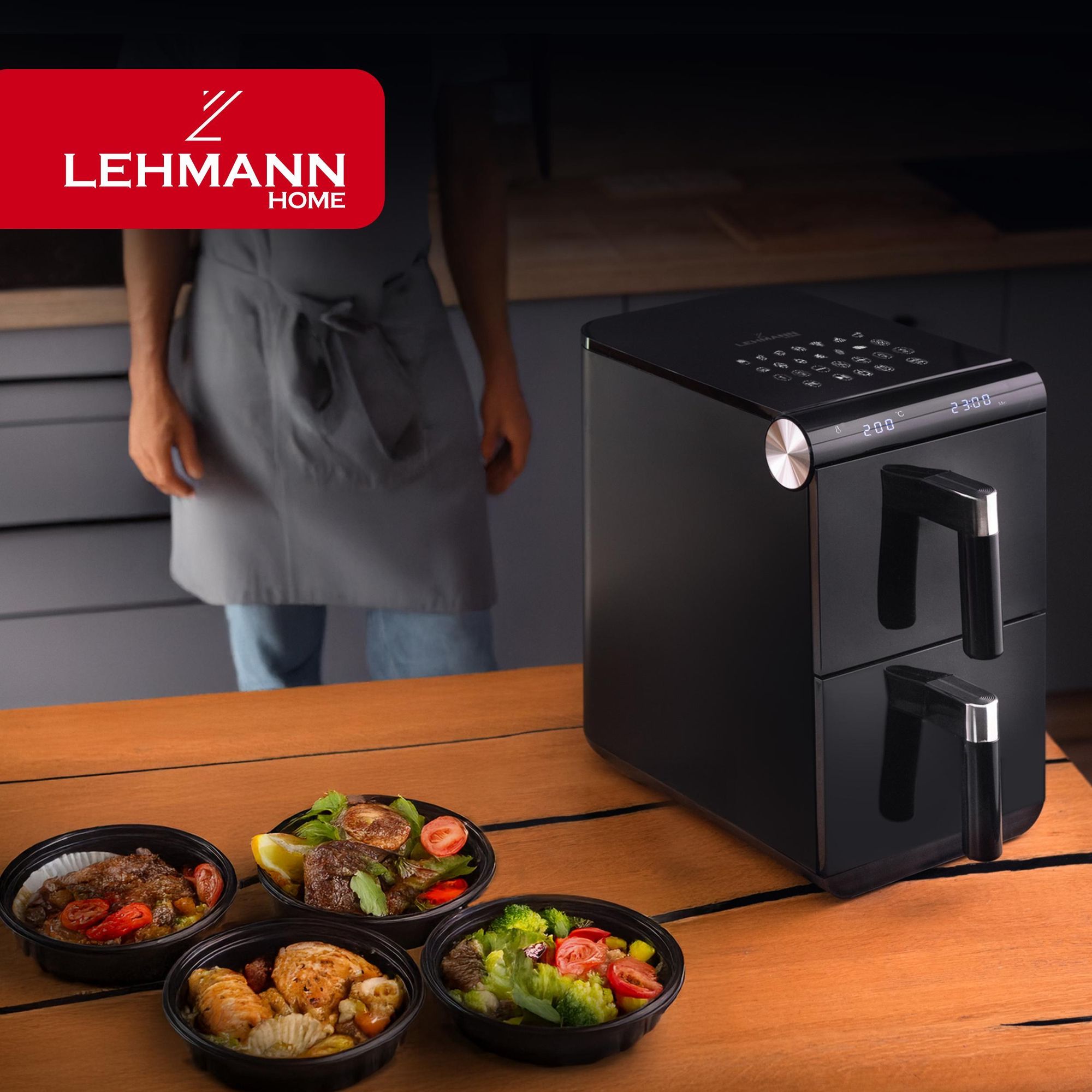 Frytkownica beztłuszczowa LEHMANN VITALIA podwójna frytownica 11l. Air Fryer 2800W, pionowa, 2x szuflady, 50–200°C