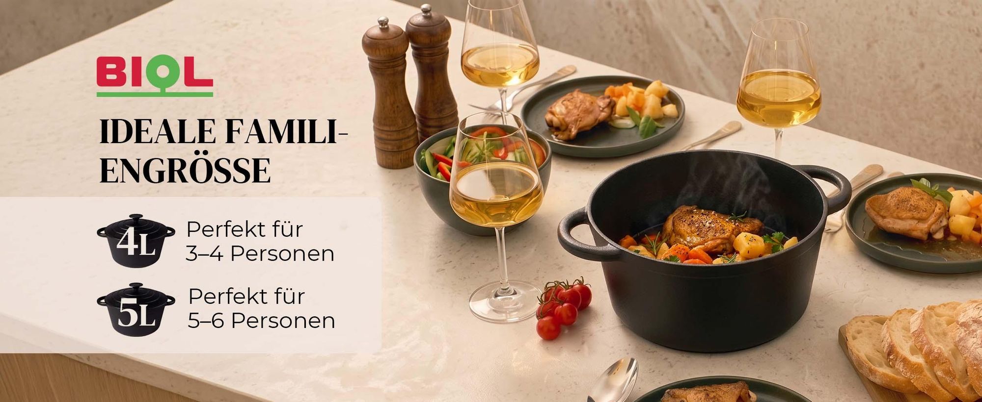 BIOL Gusseisen Topf mit Deckel Ø 25 cm 5L für Küche Backen Schmoren Braten Antihaftwirkung Für alle Herdarten geeignet