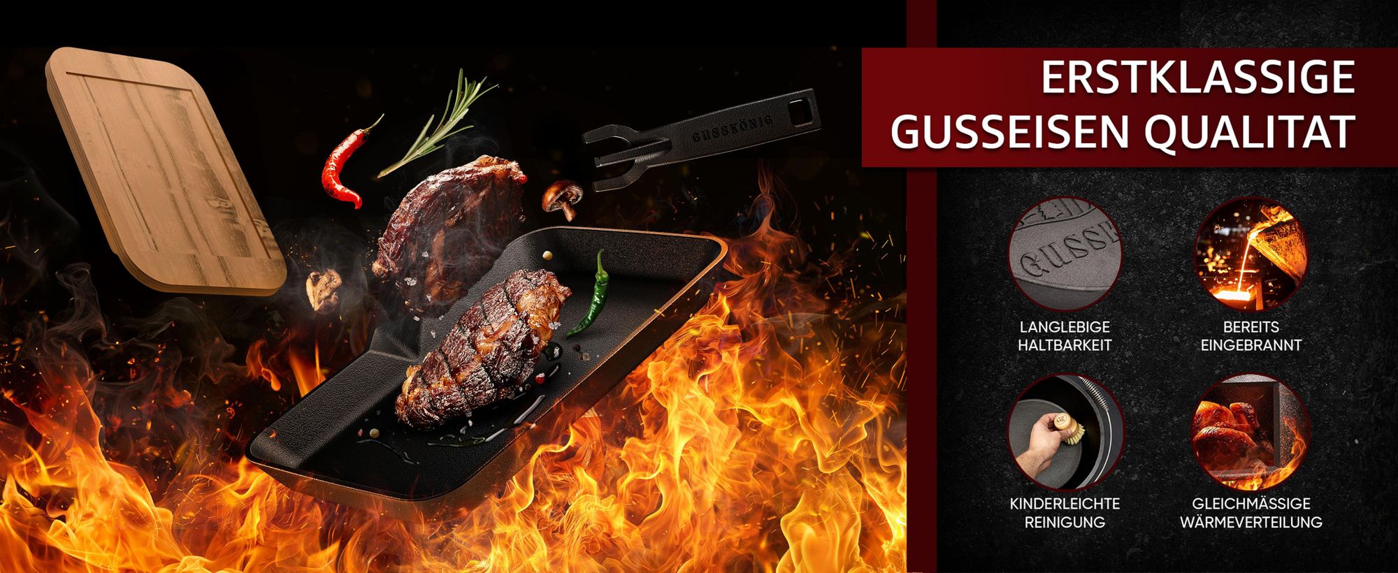 GUSSKÖNIG Fajita-Pfanne aus Gusseisen inkl. Servierbrett aus Akazienholz - Gusseisen Grillpfanne mit abnhembaren Griff - eingebrannter Grillpfanne Gusseisen