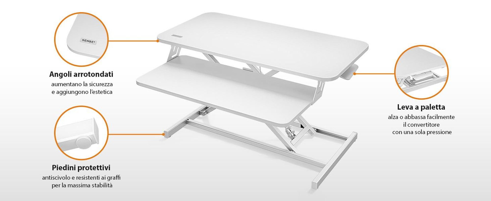 SENSE7 Convertitore da scrivania bianco - Supporto da scrivania ergonomico regolabile in altezza - Postazione di lavoro seduto-in piedi 81x40 cm - Scrivania in piedi da ufficio - Supporto per monitor fino a 13 kg