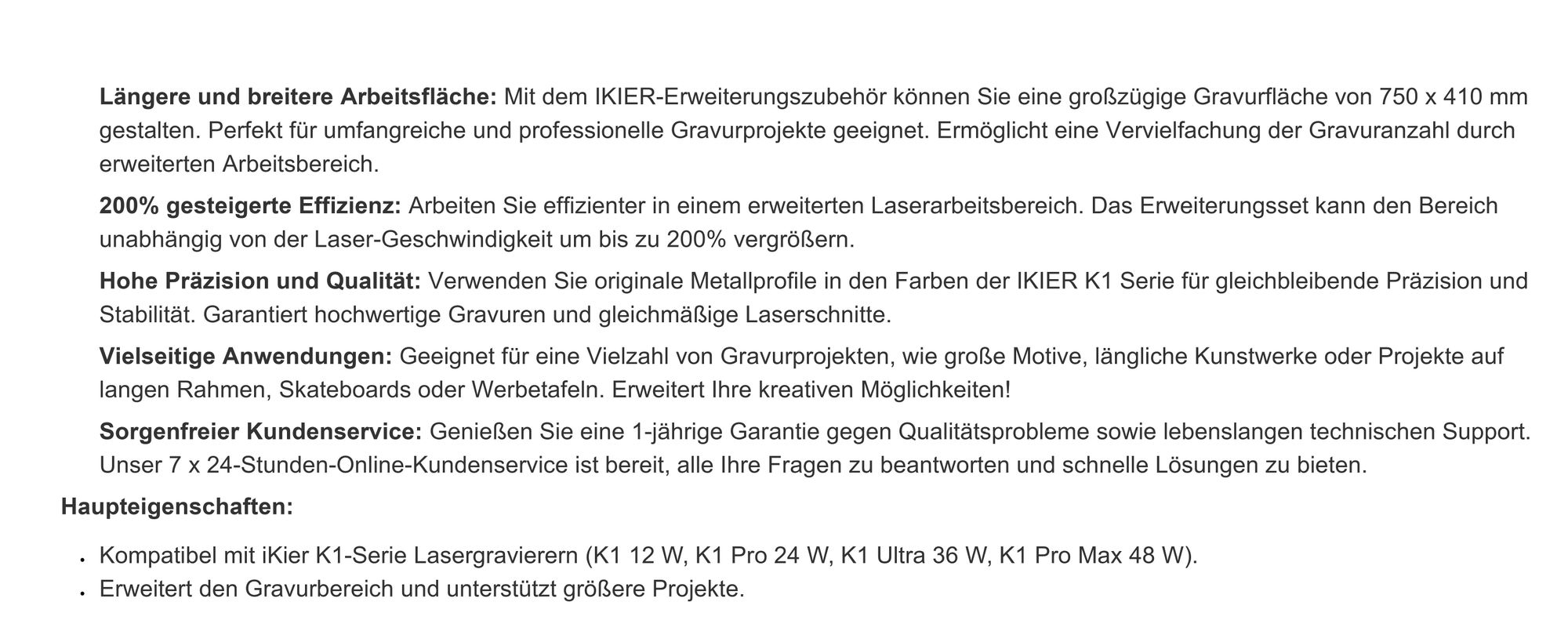 IKIER K1 Y Achsen Erweiterung Kit, Erweiterungsset für IKIER K1/K1 Pro/K1 Ultra/K1 Pro Max Maschine, Erweiterter Gravurbereich 750 x 410 mmBeschreibung: