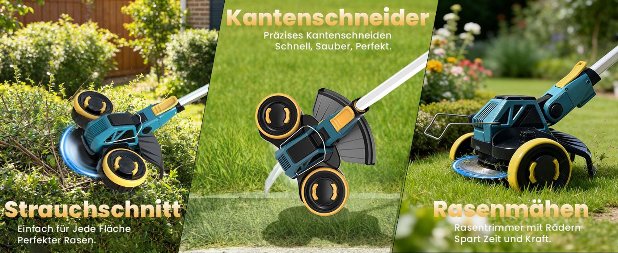 Akku Rasentrimmer, 4in1 Rasenkantenschneider, mit 2× 4000mAh Akku, kompatibel mit  Makita-Akkus, Bürstenloser Motor, Gartengerate mit Unkrautbürste