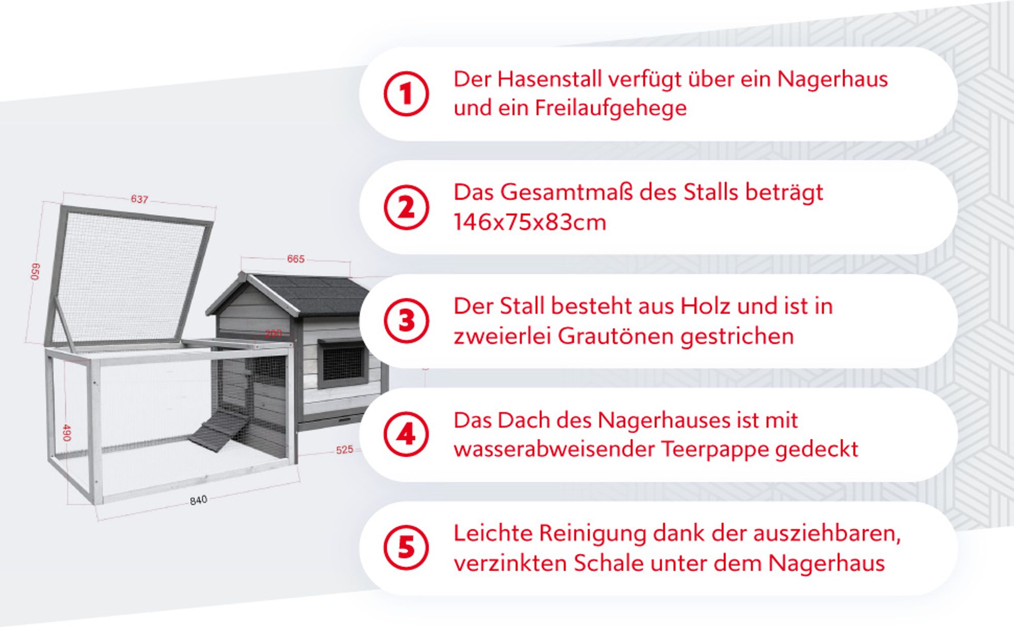 Wiltec Hasenstall hellgrau 1460 x 750 x 830 mm mit Freilaufgehege und erhöhtem Unterschlupf aus Holz, Kaninchenkäfig mit 2 Etagen, Kleintierstall