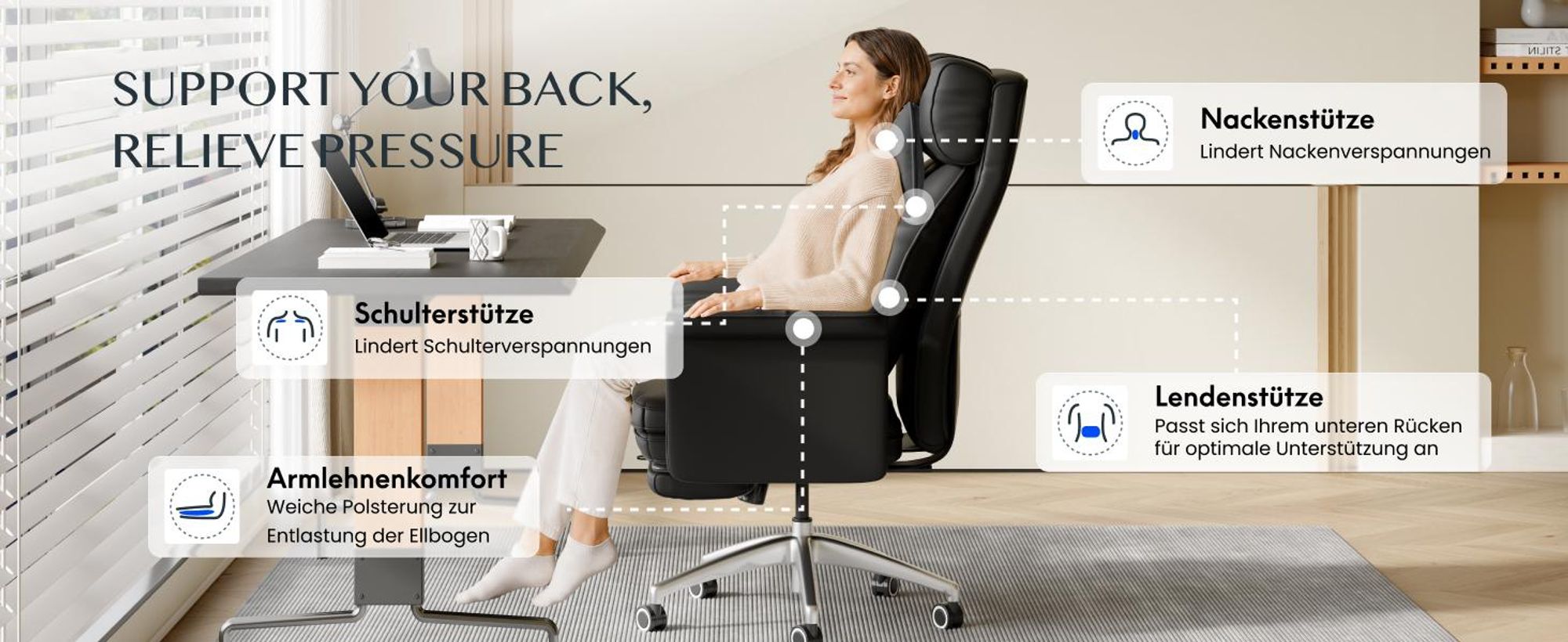 FLEXISPOT Ergonomischer Bürostuhl, 180° klappbare Armlehnen, aus kratzfestem Kunstleder, höhenverstellbare Kopfstütze, 90–130° verstellbar, Schwarz