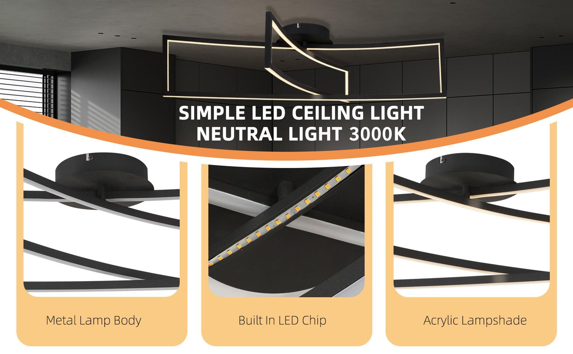 IMPTS LED Deckenleuchte 30W Modern Deckenlampe Schwarz Lampen Deckenbeleuchtung 3000K Warmweiß Wohnzimmer Lampe Flur Deckenleuchte