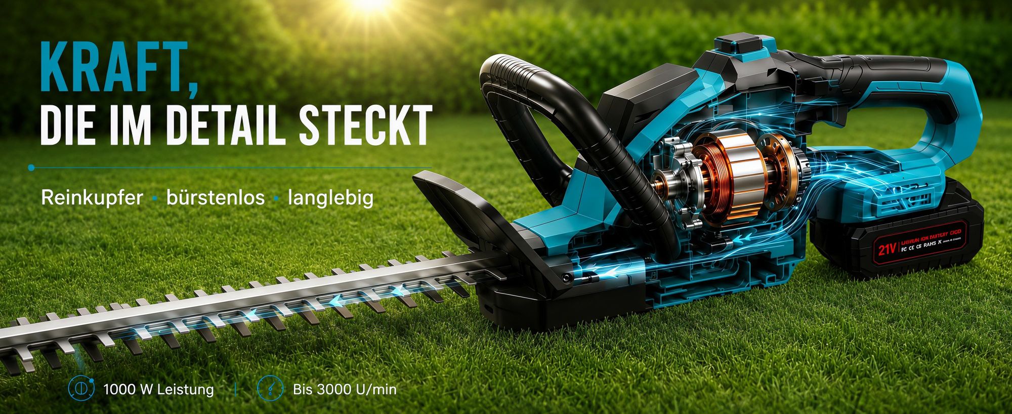 Akku Heckenschere, 21" Klingen Heckenschere mit 2 × 4000mAh Akkus, 3000RPM, bürstenloser motor,180° drehbarer Kopf,Doppelter Sicherheitsschalter,Grün