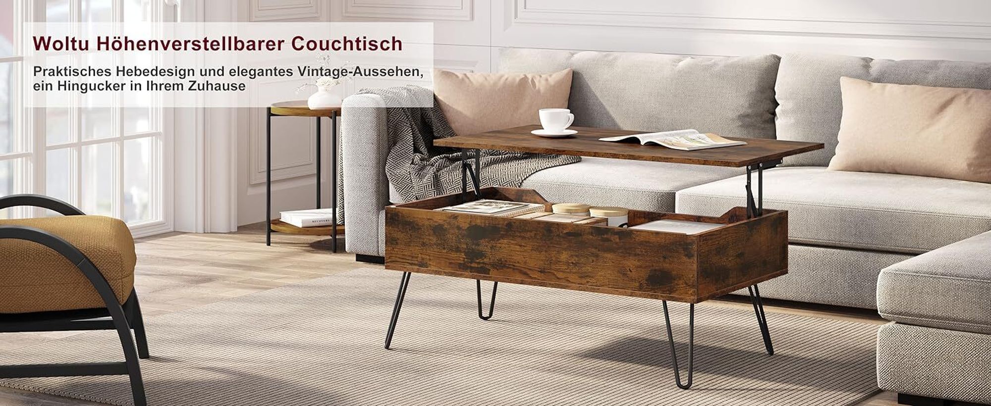 WOLTU Couchtisch, Kaffeetisch mit verstecktem Stauraum, Metallbeine, Rustikales Braun