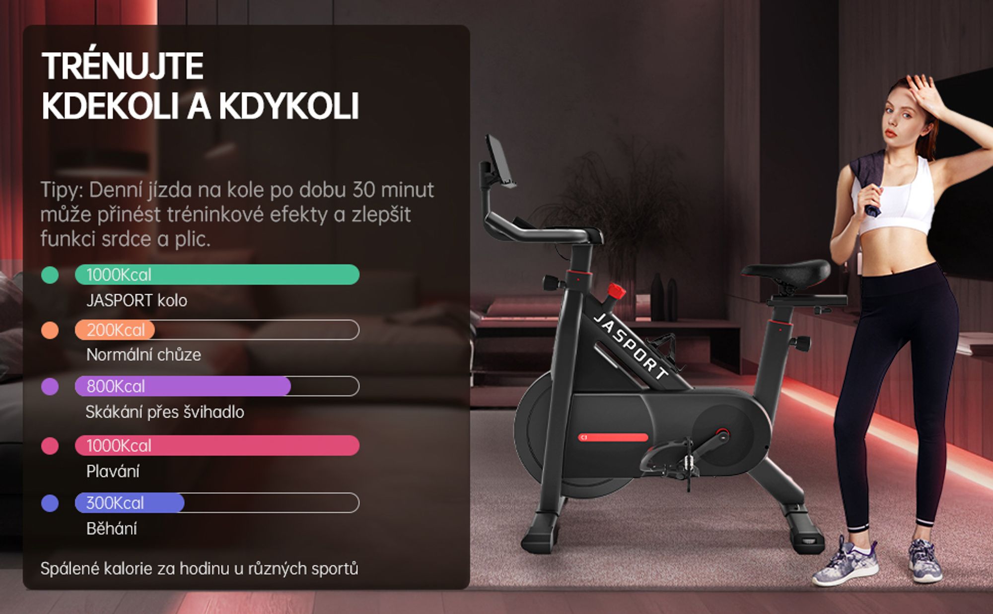 JASPORT C3 – chytrý speedbike do bytu, magnetický odpor, tichý rotoped, 7,5kg setrvačník, aplikace s video tréninky