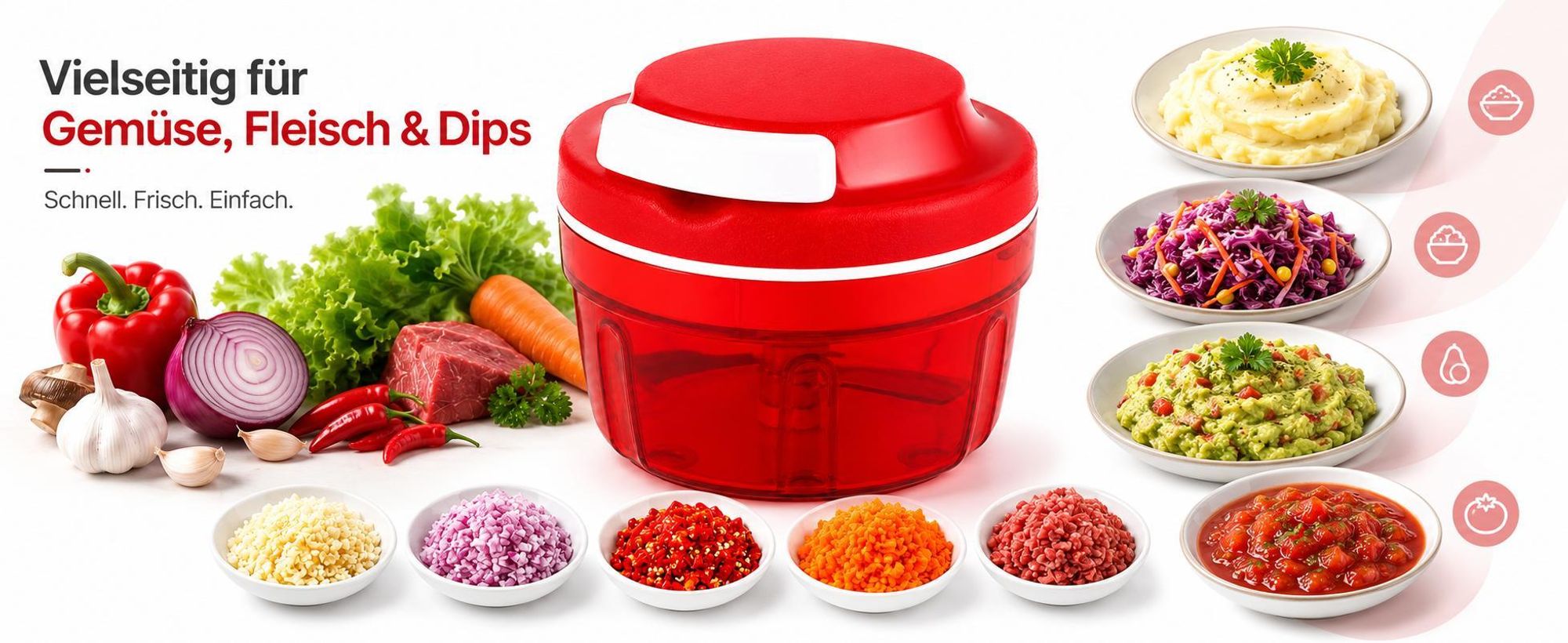 Gemüseschneider Zwiebelhacker, 300ML Manueller Lebensmittelzerkleinerer, Haushalt Kordelzug Design Zerkleinerer Fleischmixer Küche Kochen Zubehör rot
